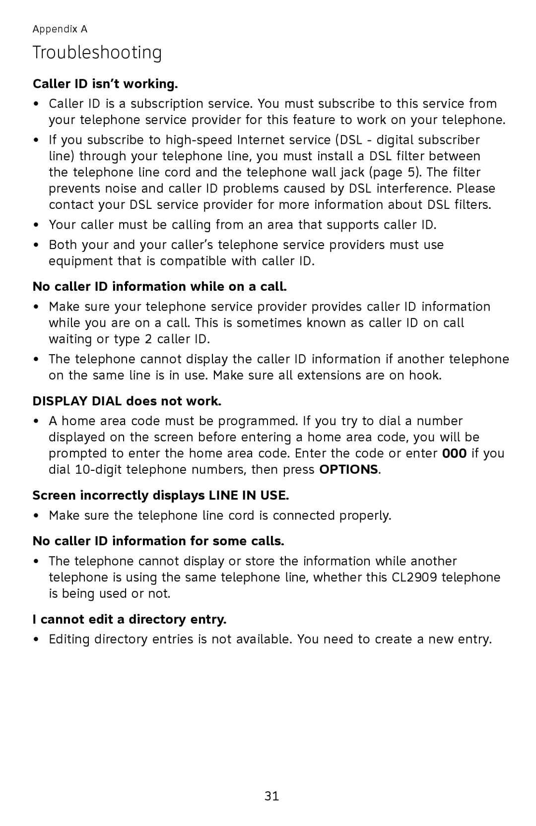 AT&T ATCL2909 user manual Caller ID isn’t working, No caller ID information while on a call, Display dial does not work 