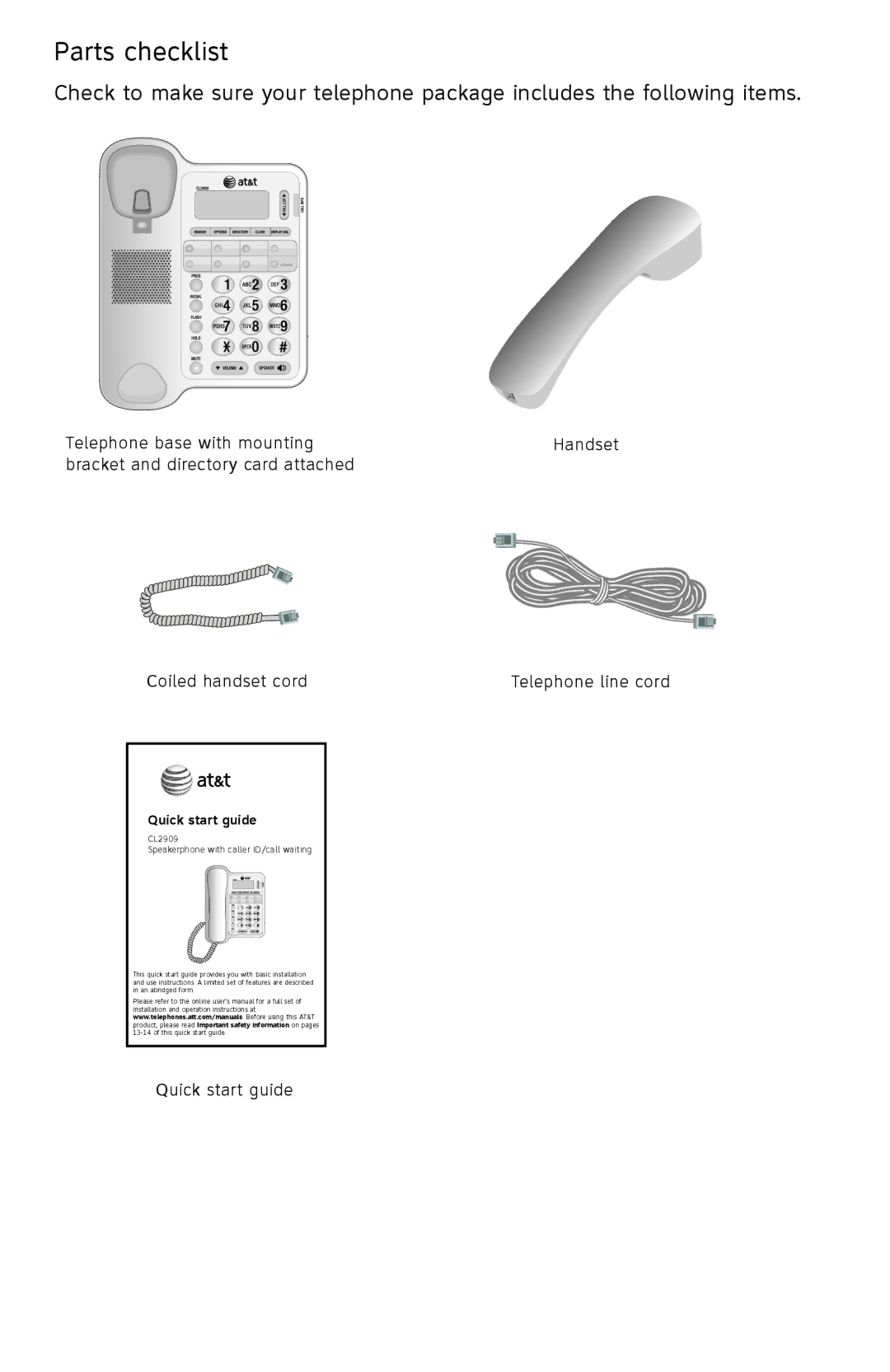 AT&T ATCL2909 user manual Parts checklist 