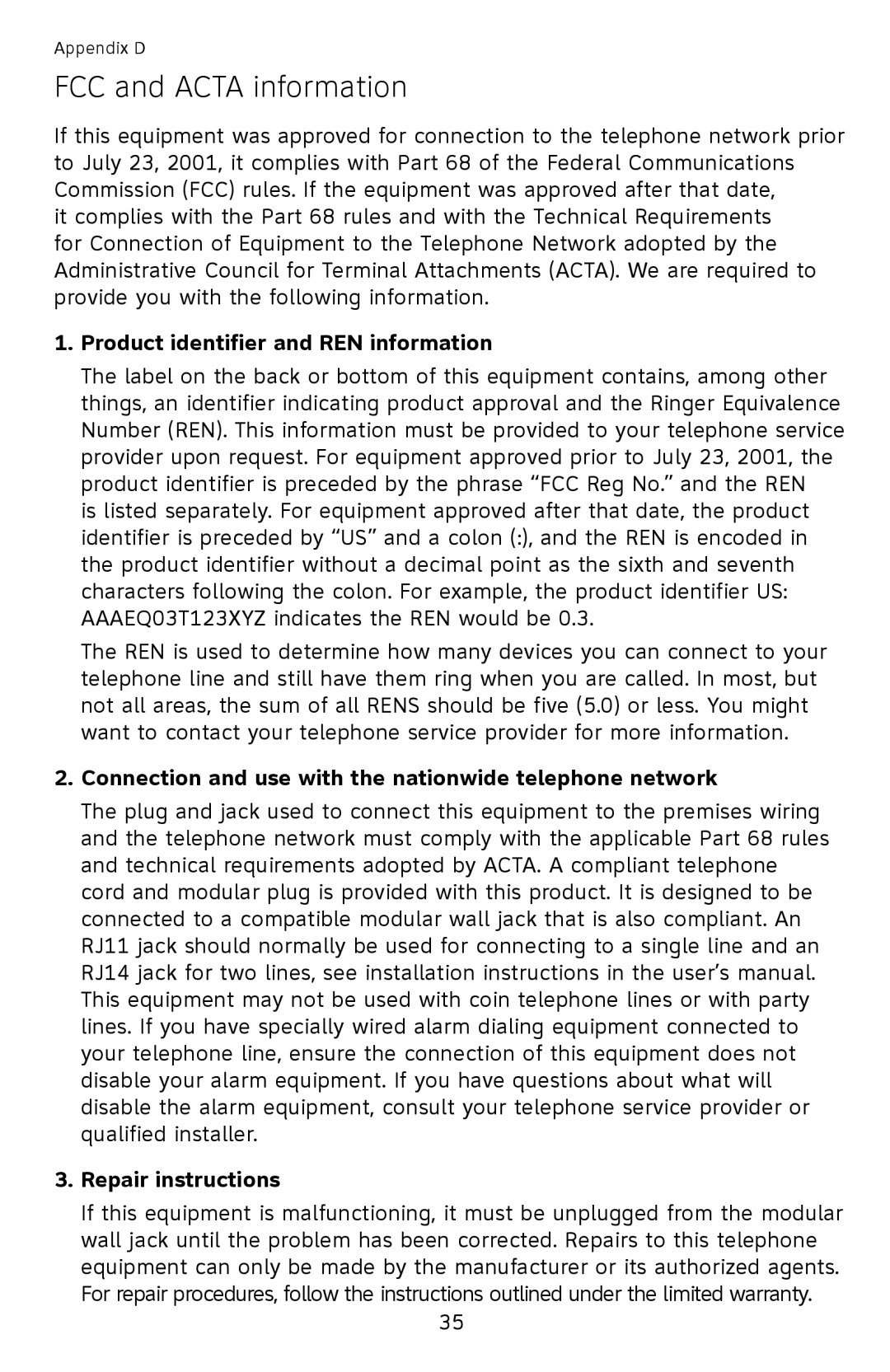 AT&T ATCL2909 user manual FCC and Acta information, Product identifier and REN information, Repair instructions 