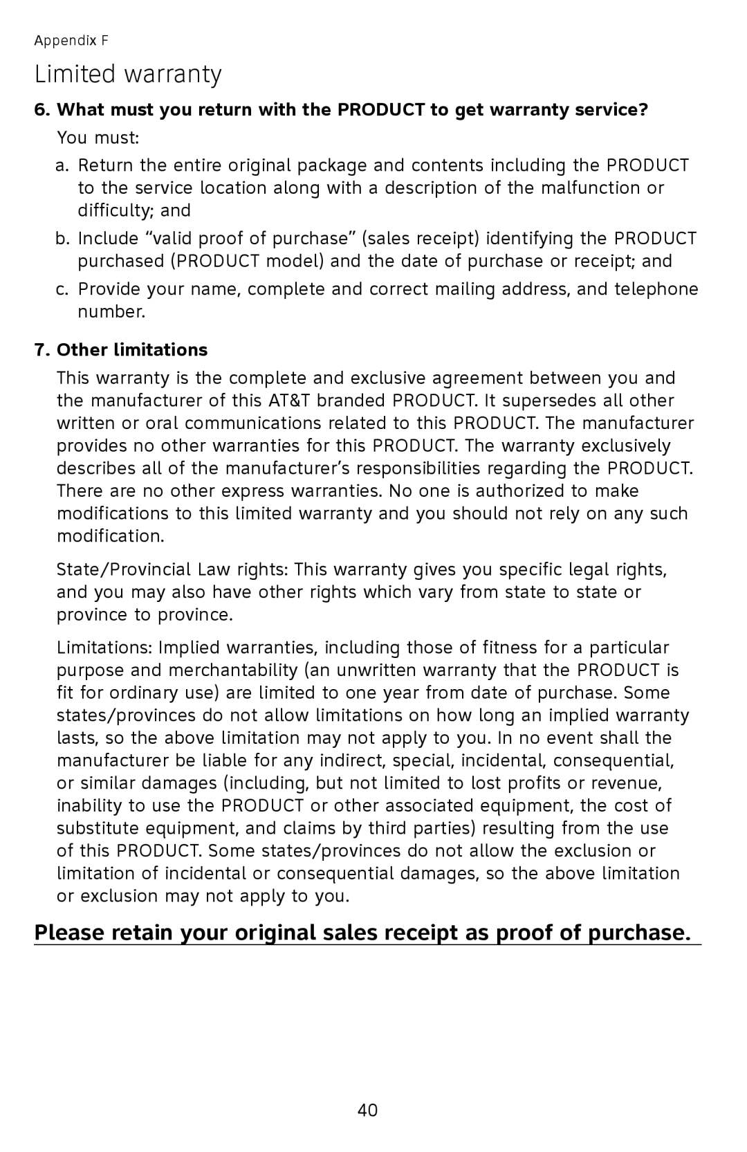 AT&T ATCL2909 user manual Other limitations 