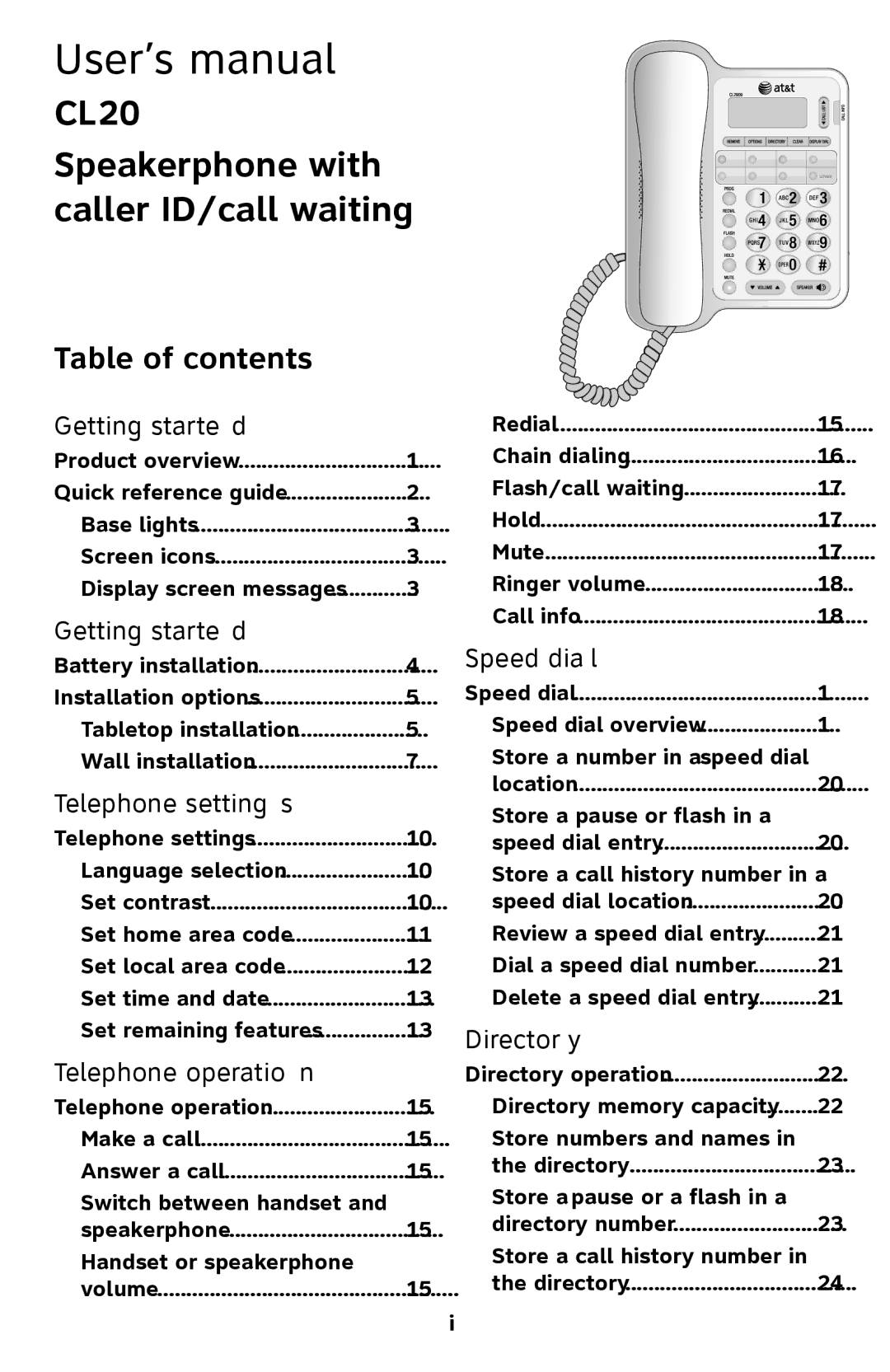 AT&T ATCL2909 user manual Table of contents 