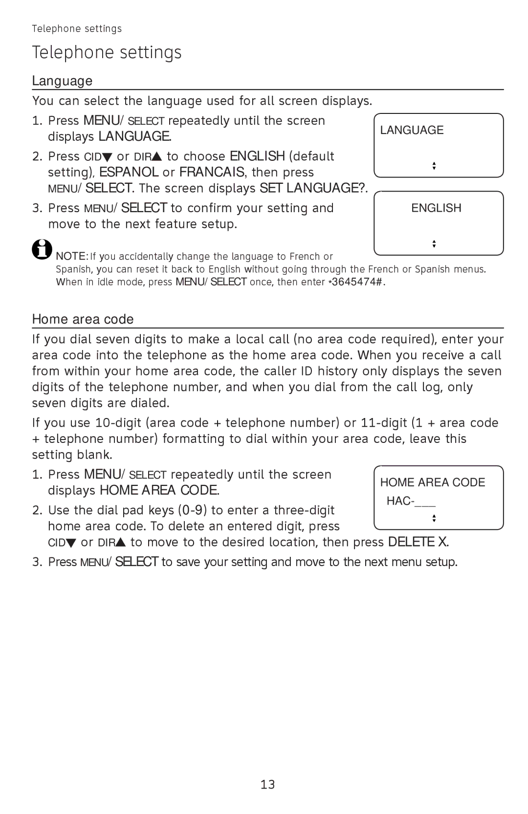 AT&T ATCL2940, 210WH, 210 BLK user manual Language, Home area code 