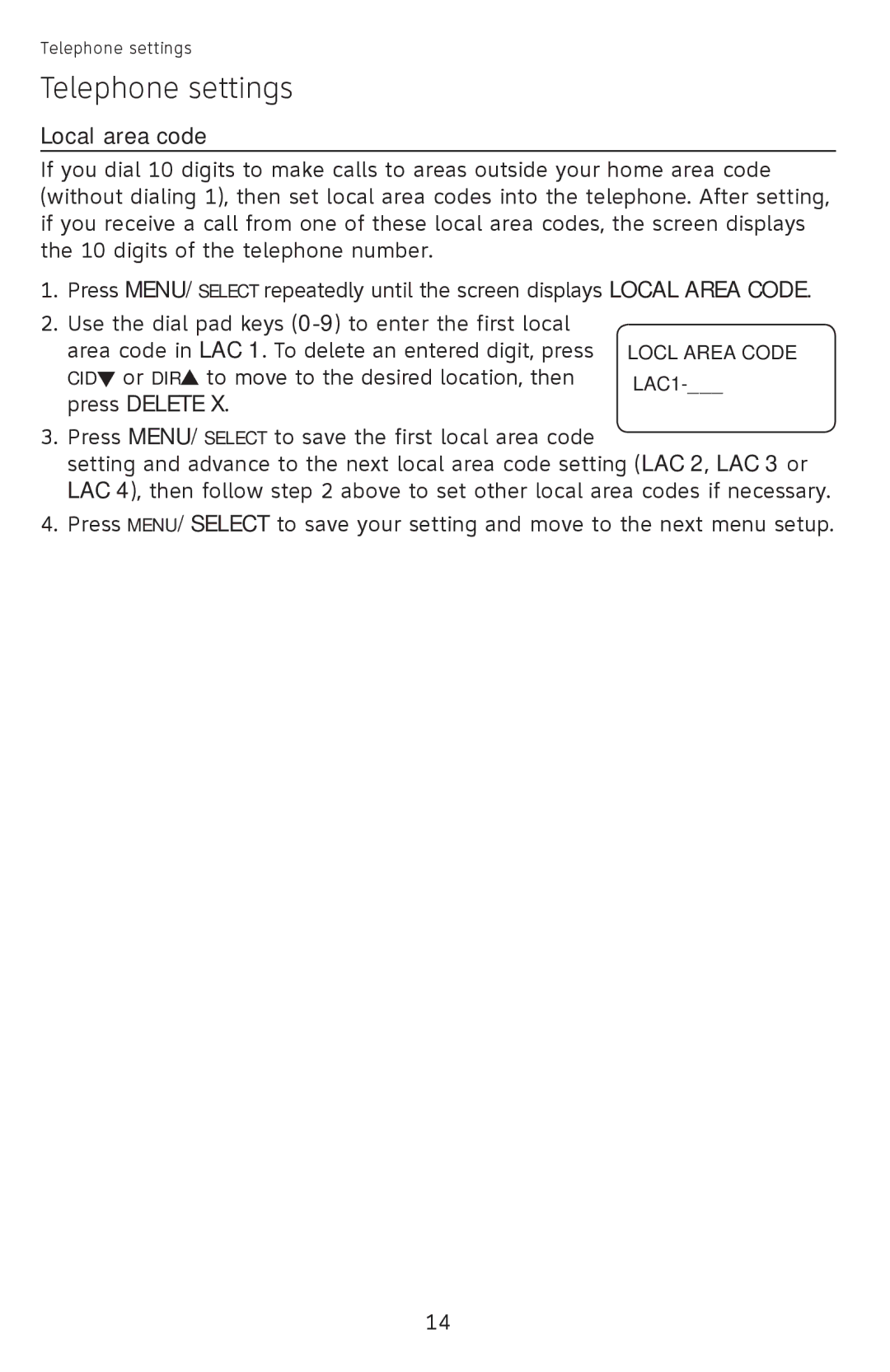 AT&T 210WH, ATCL2940, 210 BLK user manual Local area code, Local Area Code 