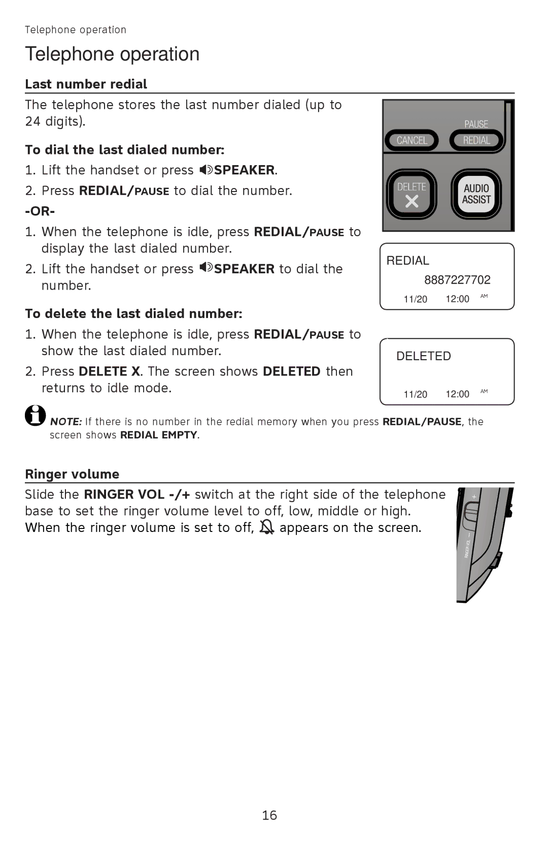 AT&T ATCL2940, 210WH Last number redial, To dial the last dialed number, To delete the last dialed number, Ringer volume 