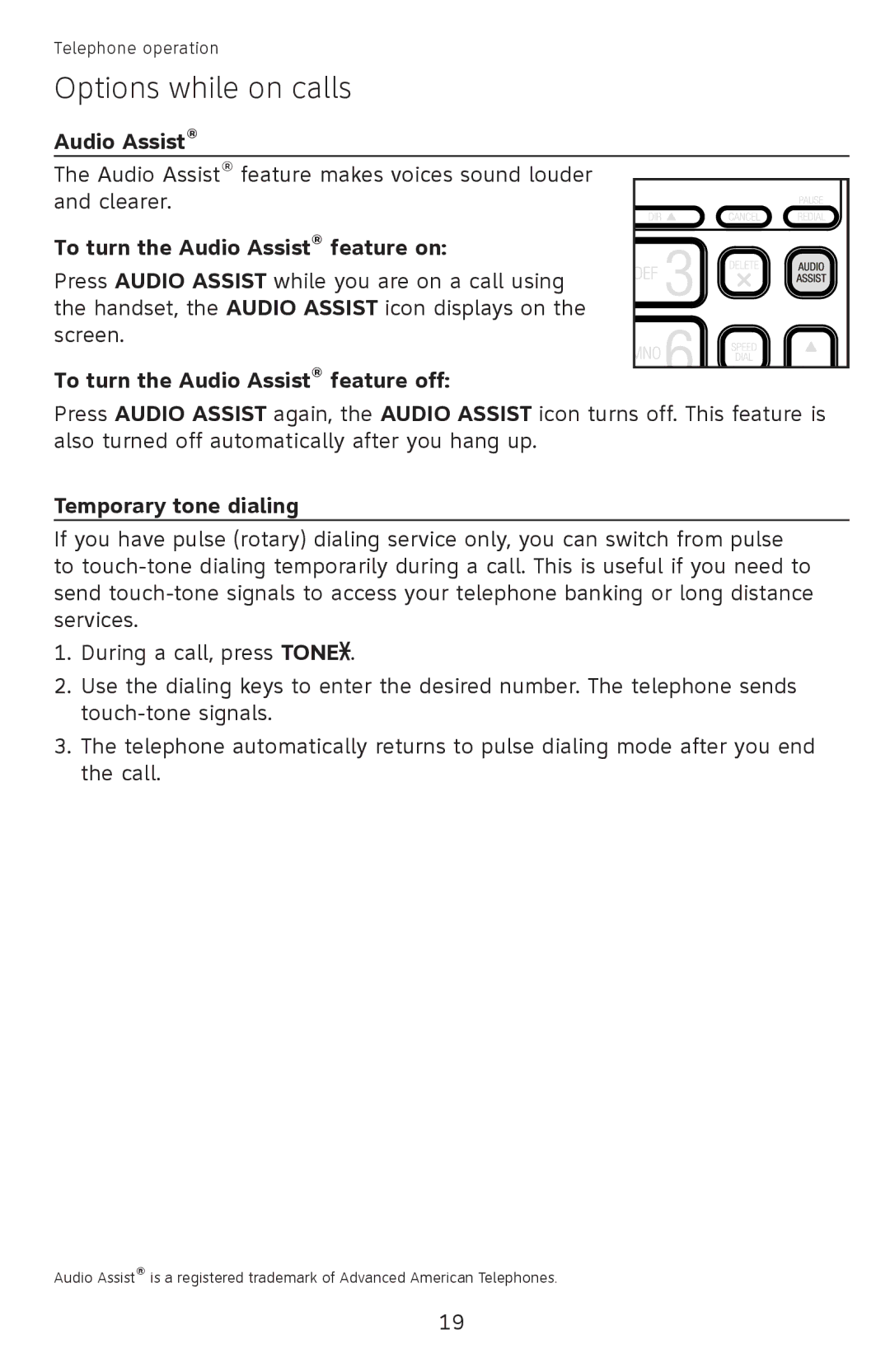 AT&T ATCL2940, 210WH Options while on calls, To turn the Audio Assist feature on, To turn the Audio Assist feature off 