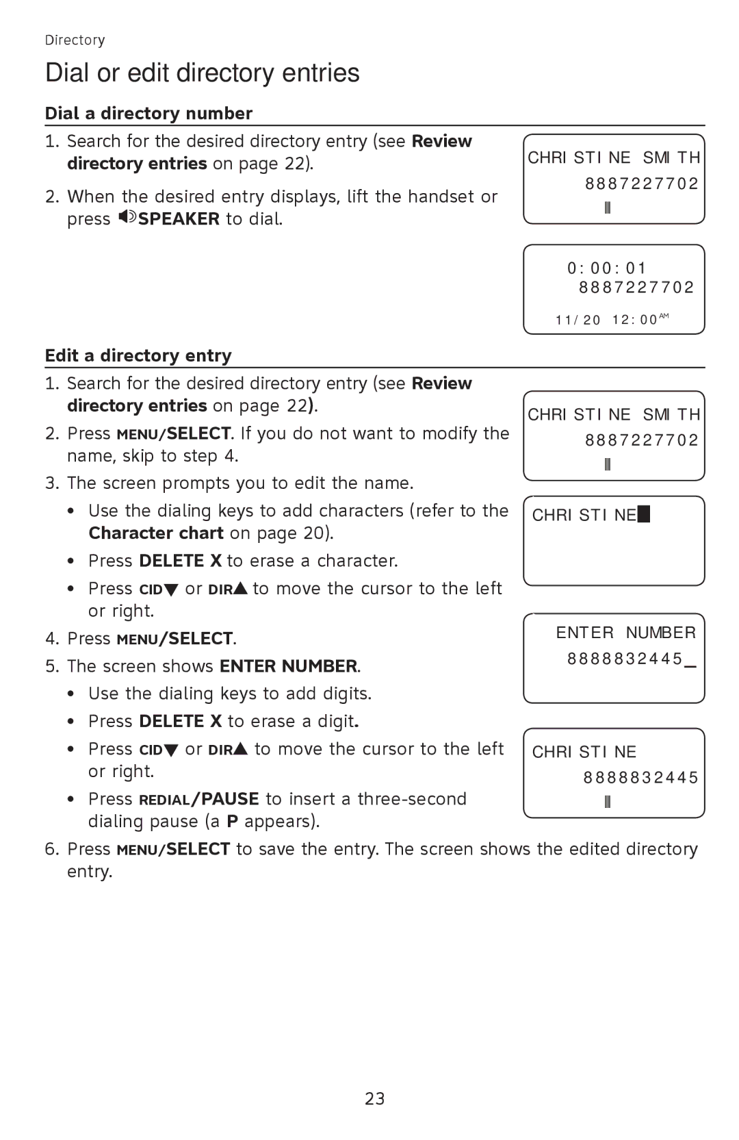 AT&T 210WH, ATCL2940 Dial or edit directory entries, Dial a directory number, Directory entries on, Edit a directory entry 