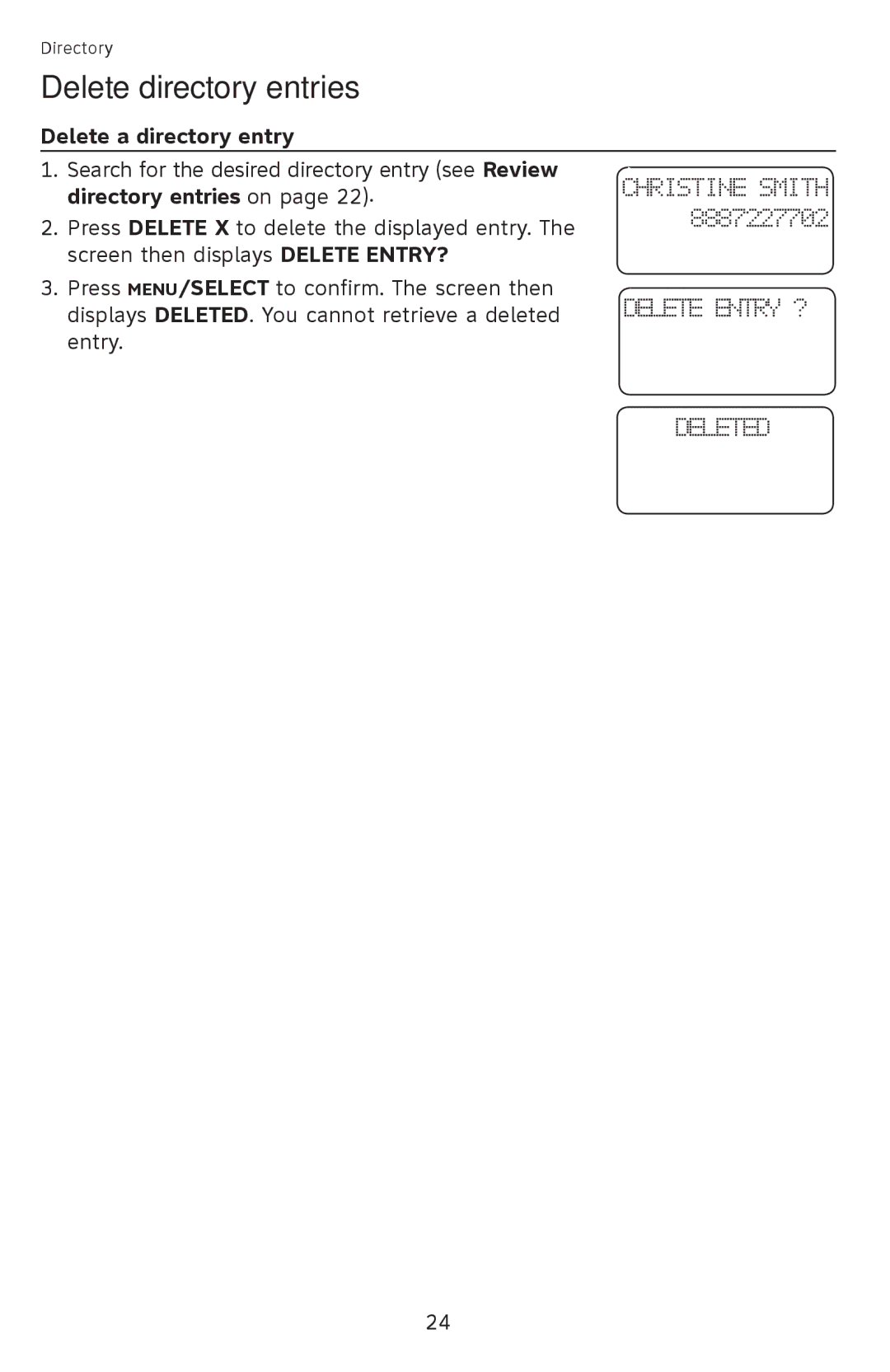 AT&T 210 BLK, ATCL2940, 210WH user manual Delete directory entries, Delete a directory entry 