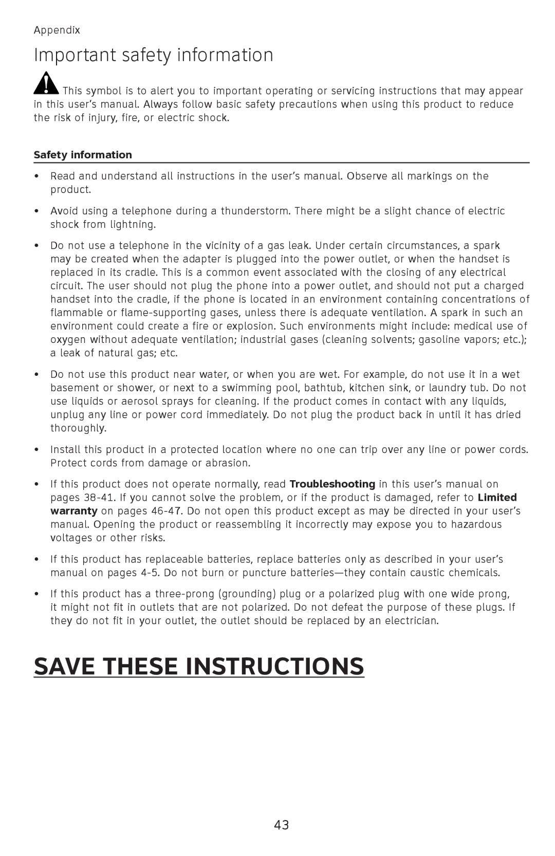 AT&T ATCL2940, 210WH, 210 BLK user manual Important safety information, Safety information 