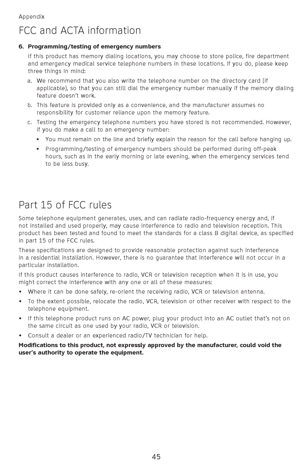 AT&T 210 BLK, ATCL2940, 210WH user manual Part 15 of FCC rules, Programming/testing of emergency numbers 