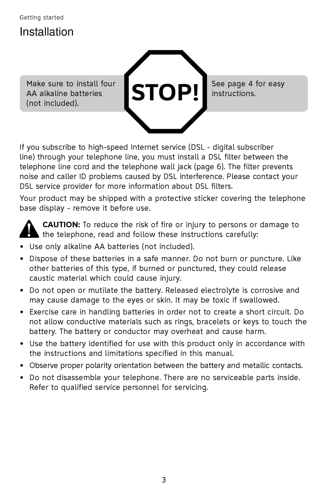 AT&T 210 BLK, ATCL2940, 210WH user manual Stop, Installation 