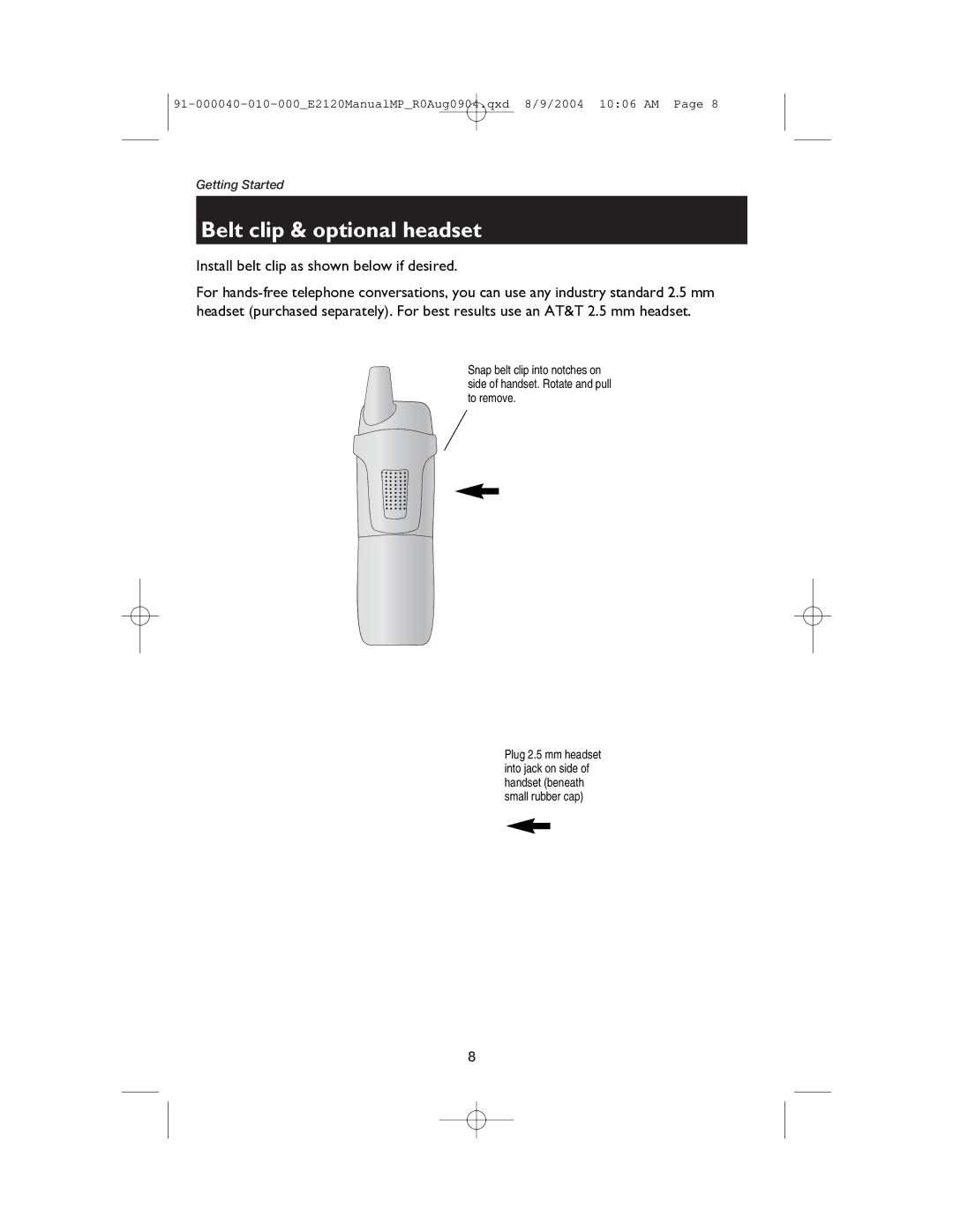 AT&T ATT-E2120 user manual Belt clip & optional headset, Install belt clip as shown below if desired 