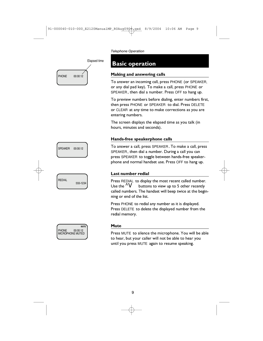 AT&T ATT-E2120 user manual Making and answering calls, Hands-free speakerphone calls, Last number redial, Mute 