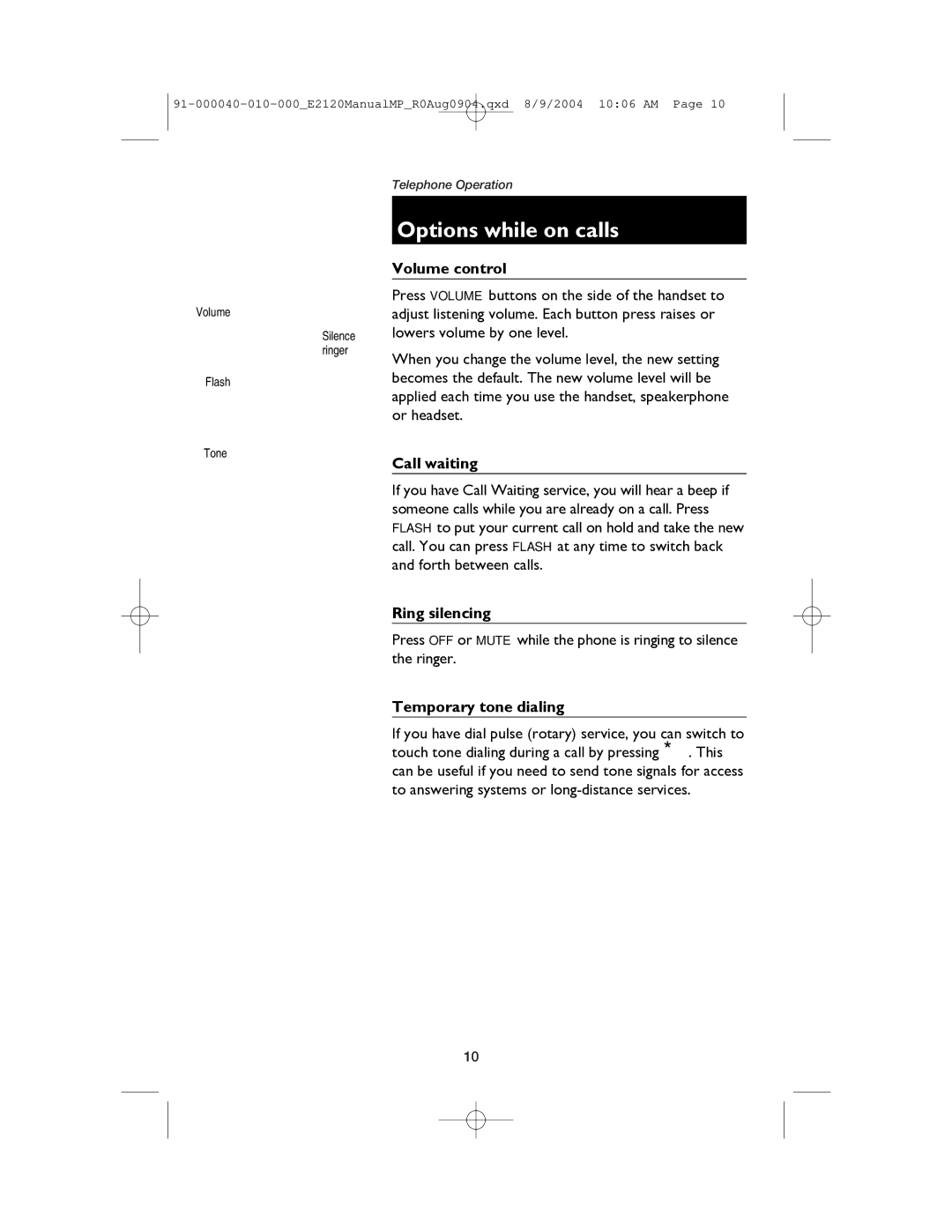 AT&T ATT-E2120 user manual Options while on calls, Volume control, Call waiting, Ring silencing, Temporary tone dialing 