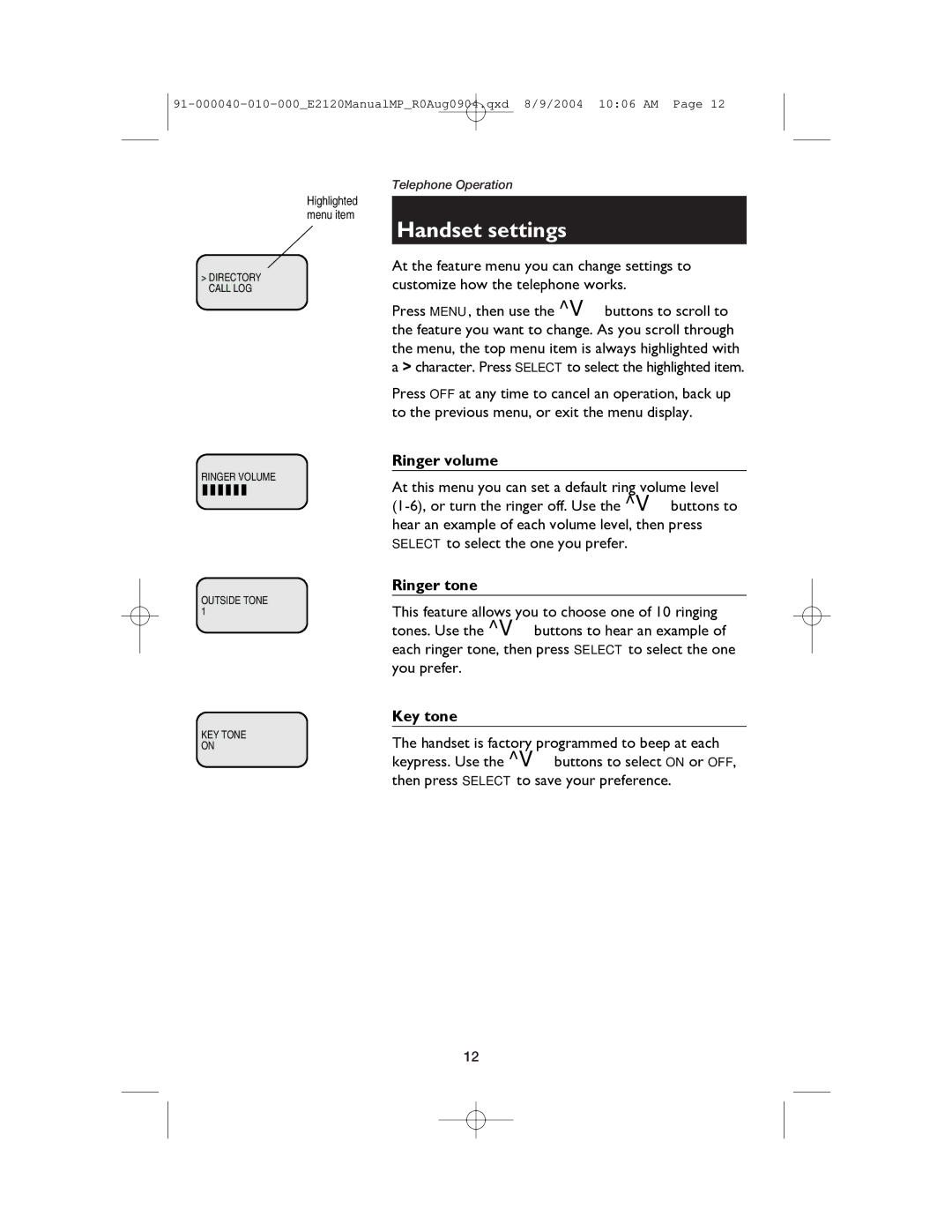 AT&T ATT-E2120 user manual Handset settings, Ringer volume, Ringer tone, Key tone 