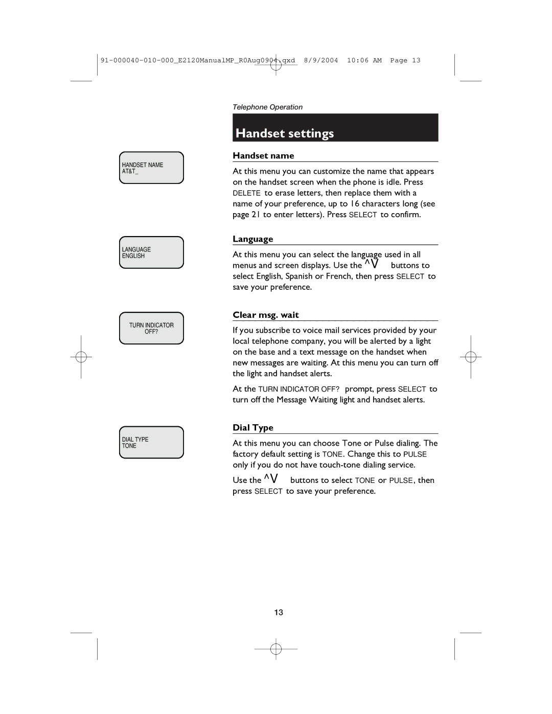 AT&T ATT-E2120 user manual Handset name, Language, Clear msg. wait, Dial Type 