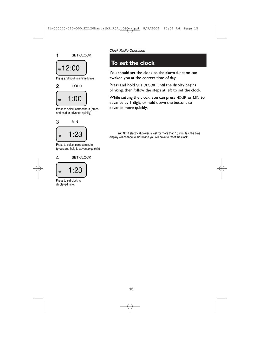 AT&T ATT-E2120 user manual To set the clock, Hour 