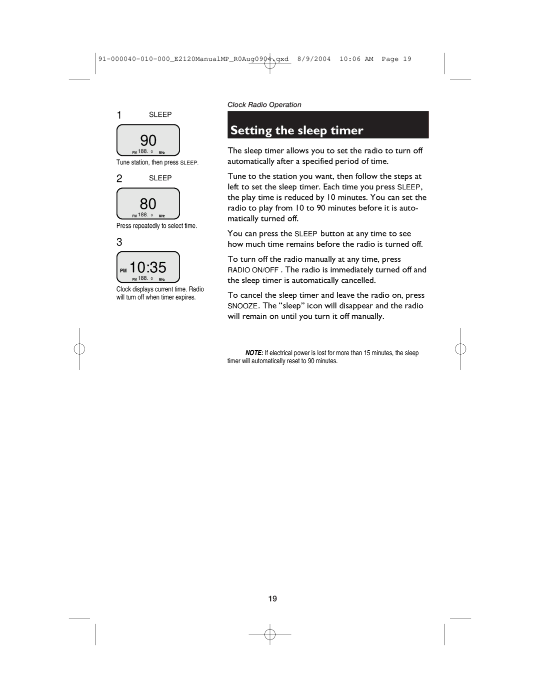 AT&T ATT-E2120 user manual Setting the sleep timer, Matically turned off 