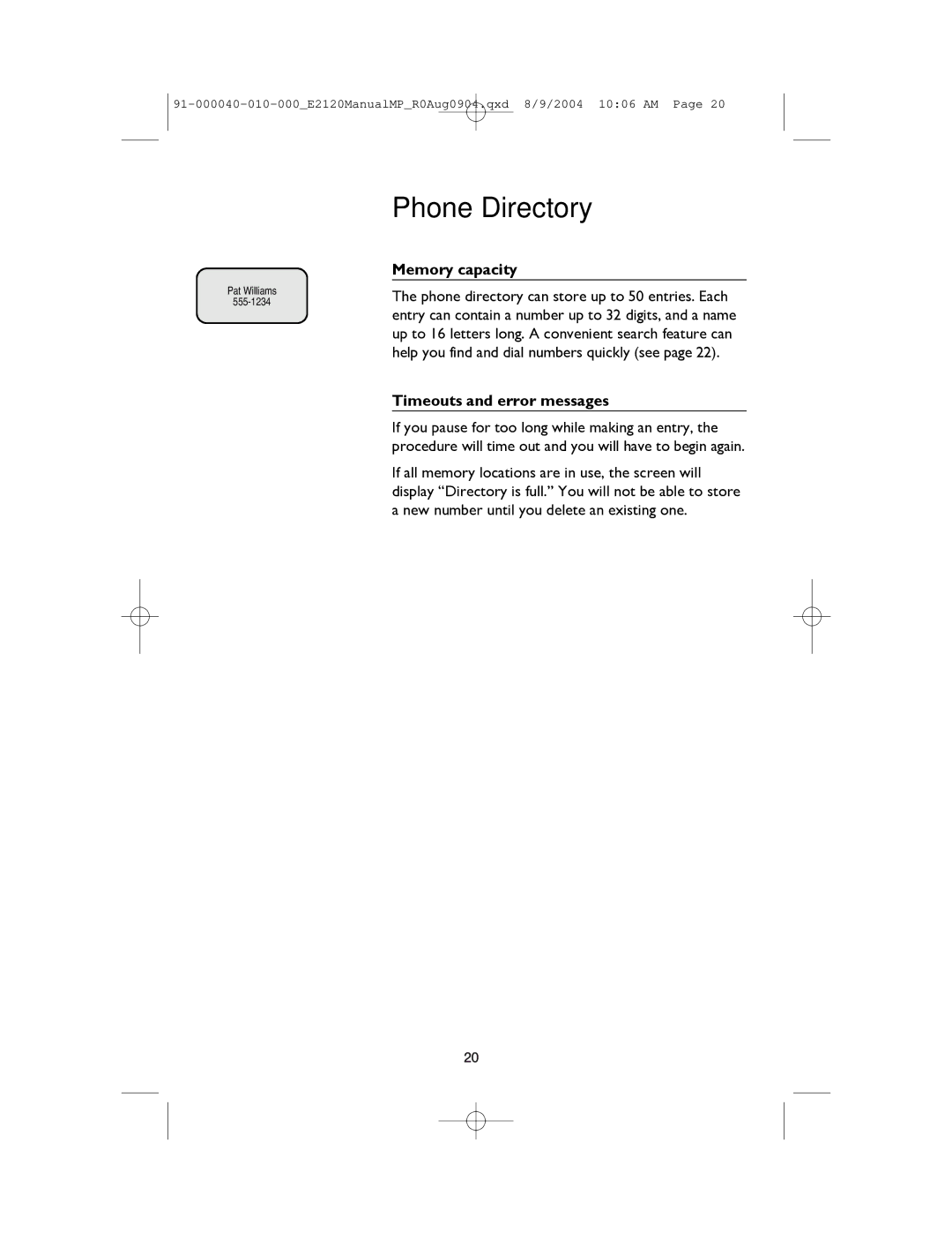 AT&T ATT-E2120 user manual Memory capacity, Timeouts and error messages 