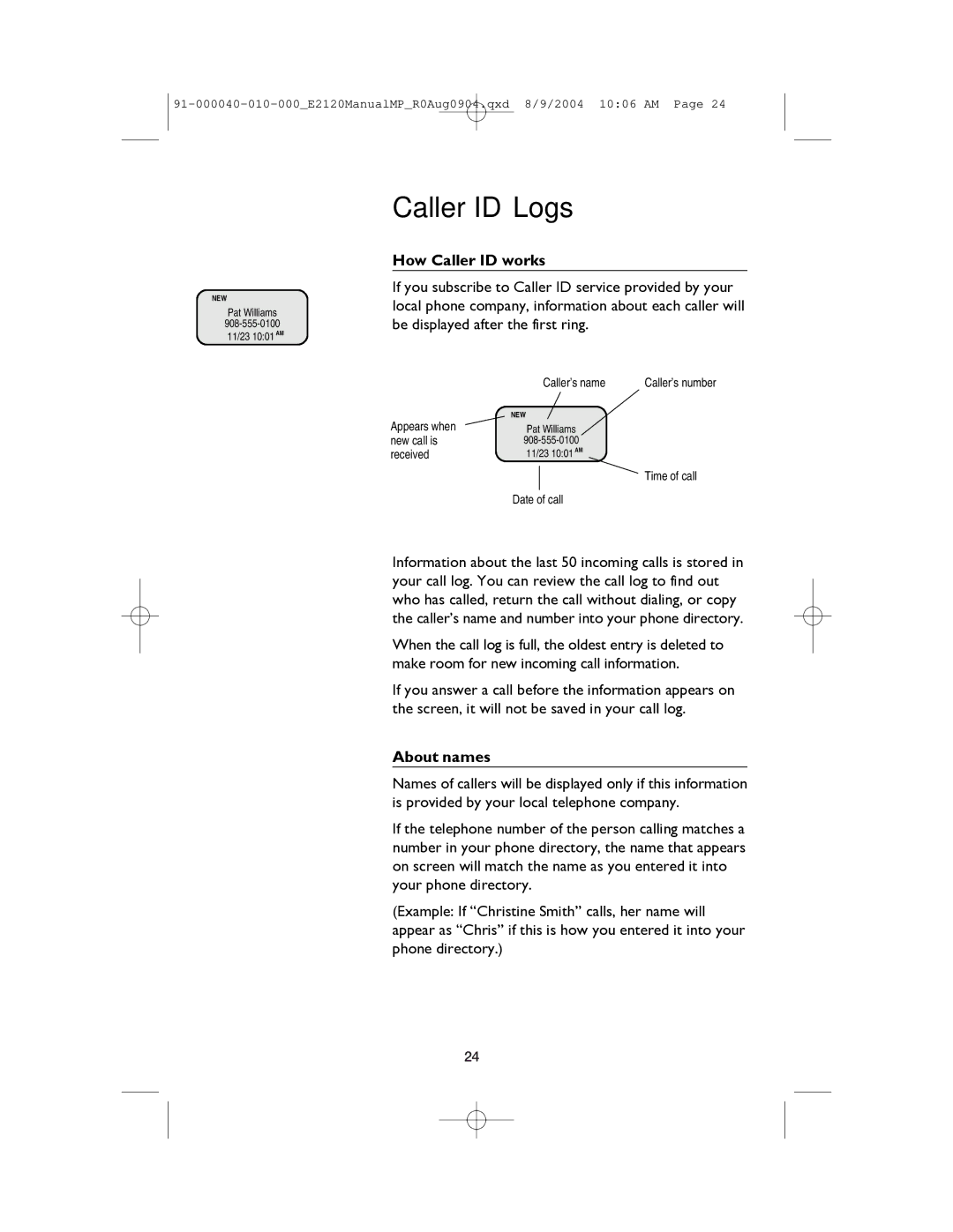 AT&T ATT-E2120 user manual How Caller ID works, About names 