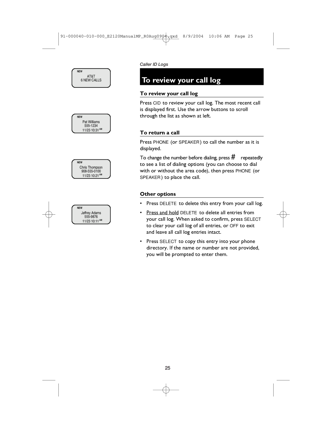 AT&T ATT-E2120 user manual To review your call log, To return a call, Other options 