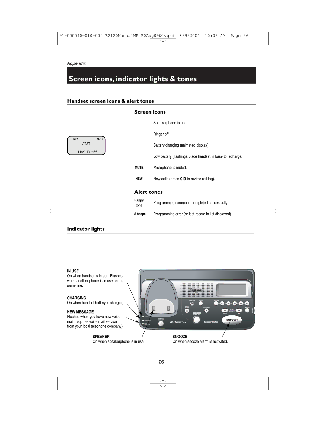 AT&T ATT-E2120 Screen icons, indicator lights & tones, Handset screen icons & alert tones, Alert tones, Indicator lights 