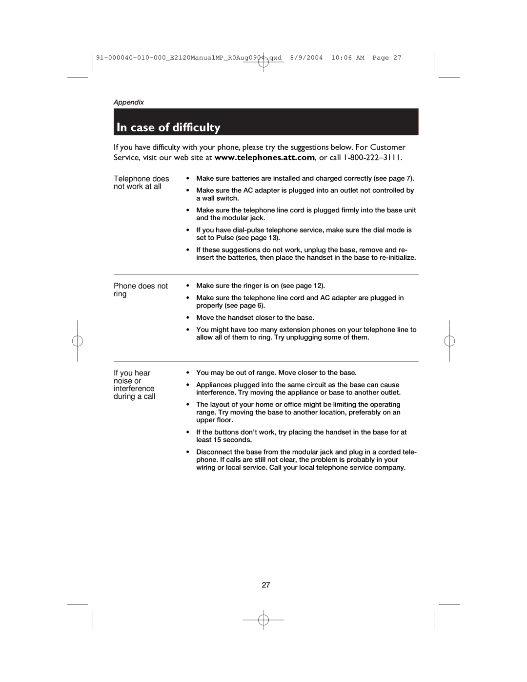 AT&T ATT-E2120 user manual Case of difficulty, Telephone does not work at all 