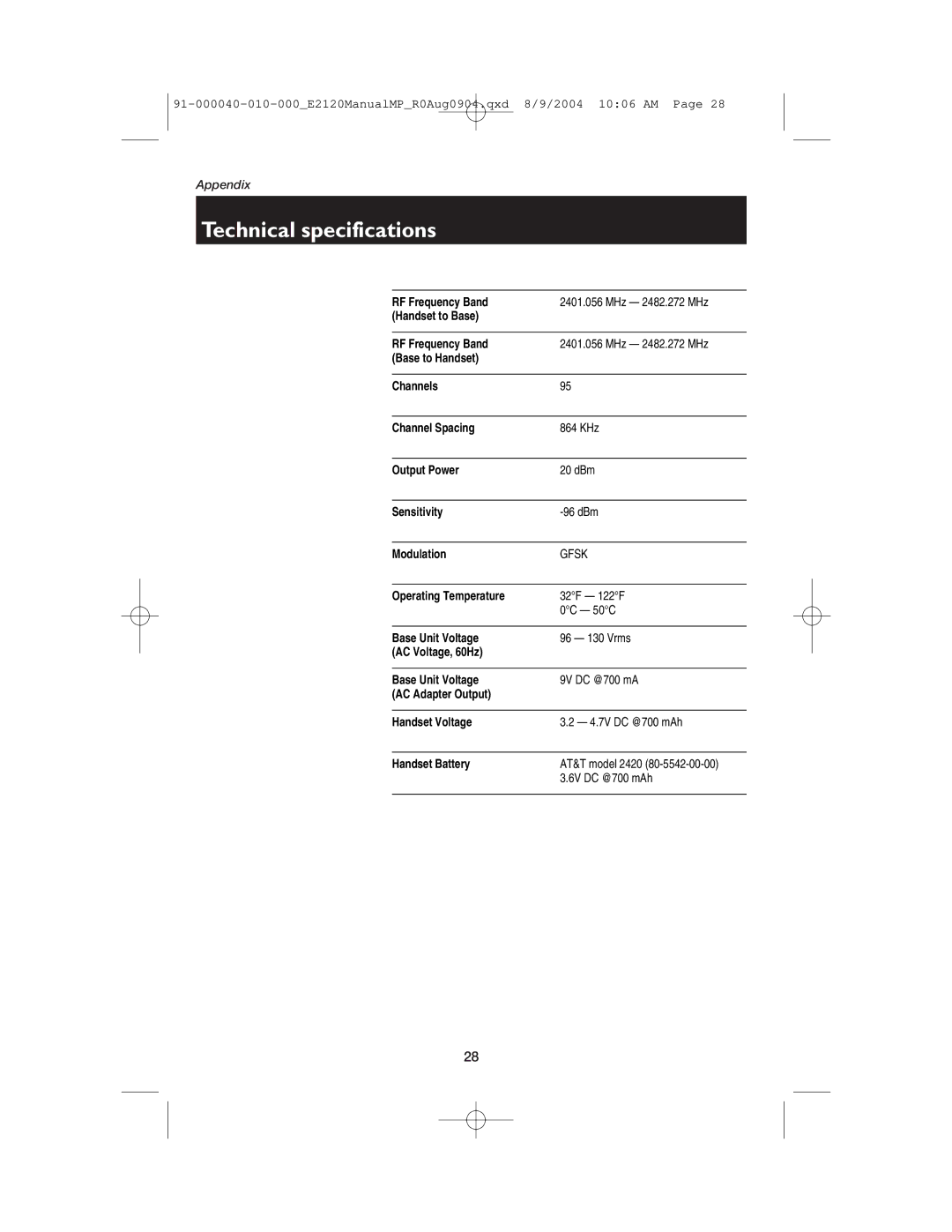 AT&T ATT-E2120 user manual Technical specifications, Gfsk 