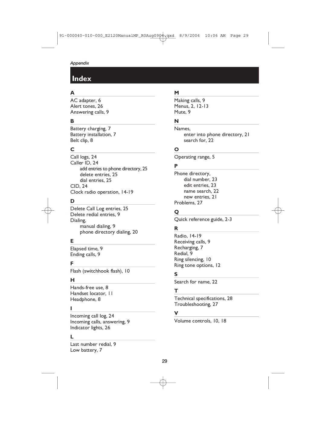 AT&T ATT-E2120 user manual Index 