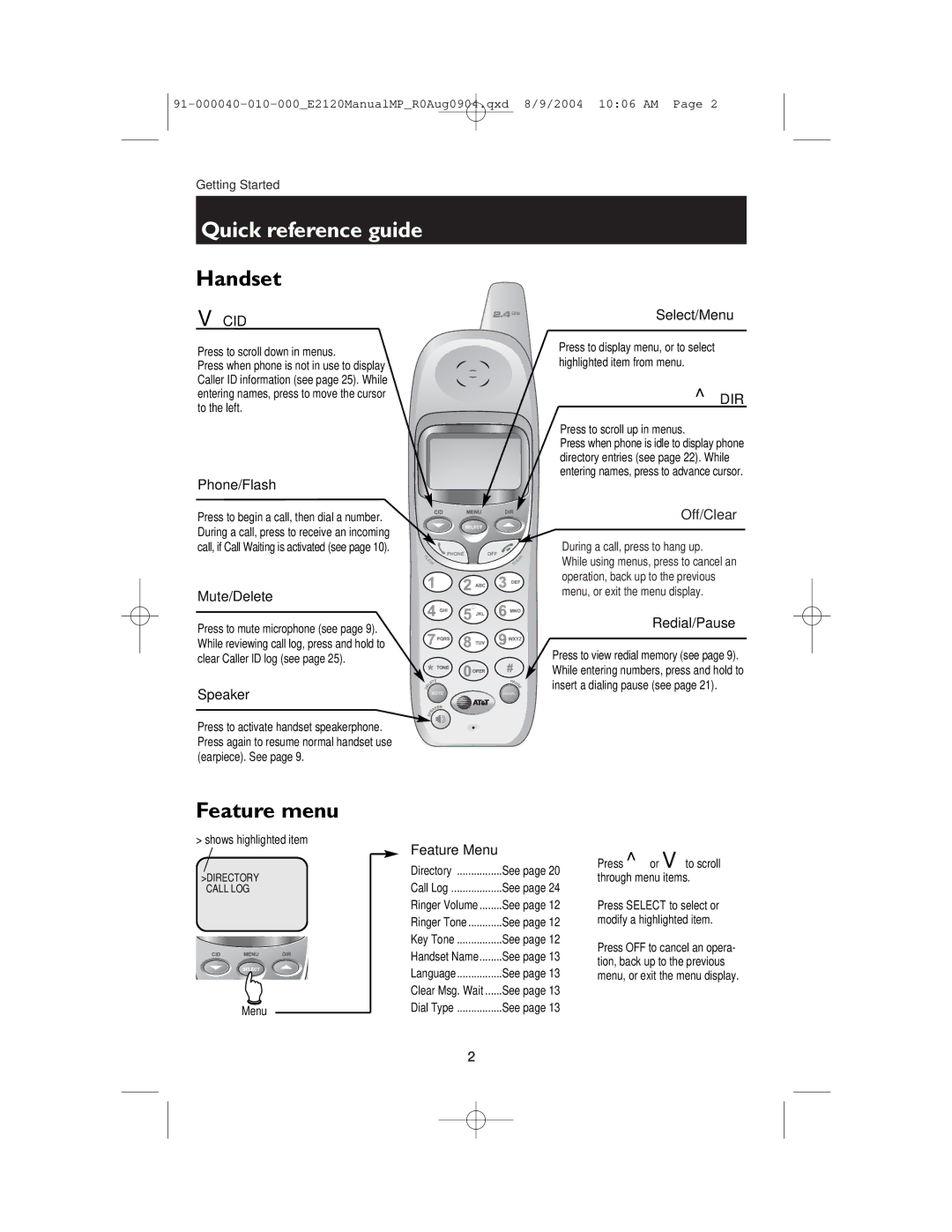 AT&T ATT-E2120 user manual Quick reference guide, Handset 