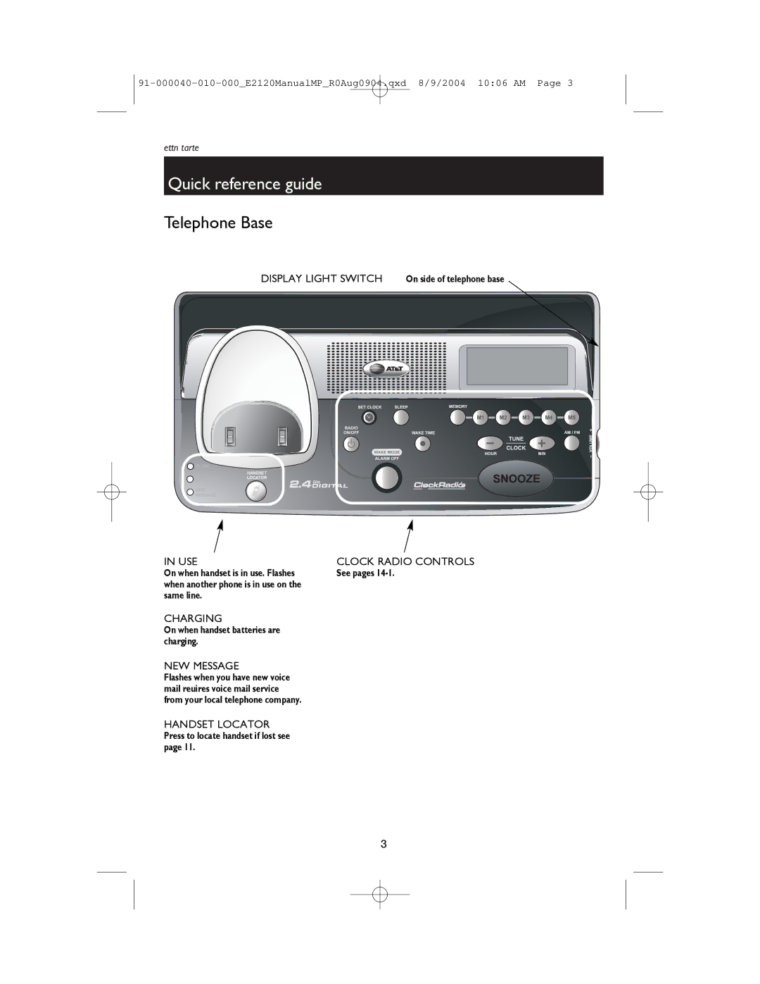 AT&T ATT-E2120 user manual Telephone Base 