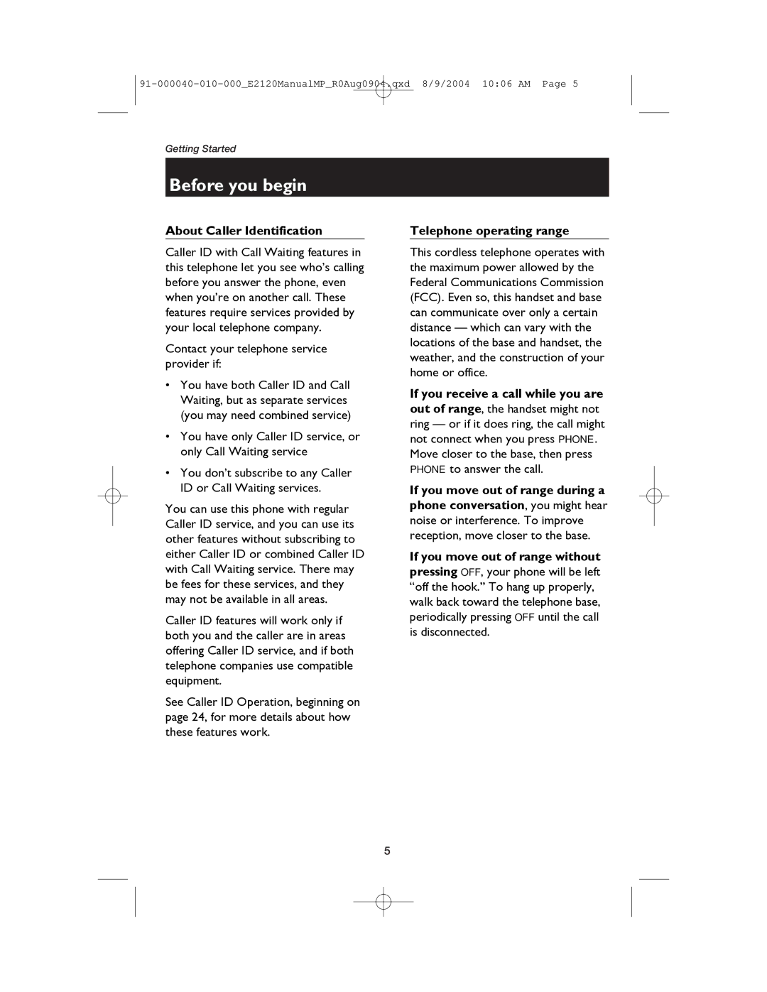 AT&T ATT-E2120 user manual Before you begin, About Caller Identification, Telephone operating range 