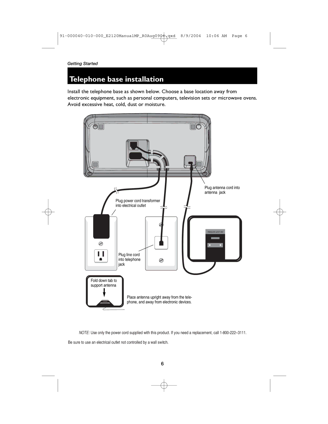 AT&T ATT-E2120 user manual Telephone base installation, Plug antenna cord into antenna jack 