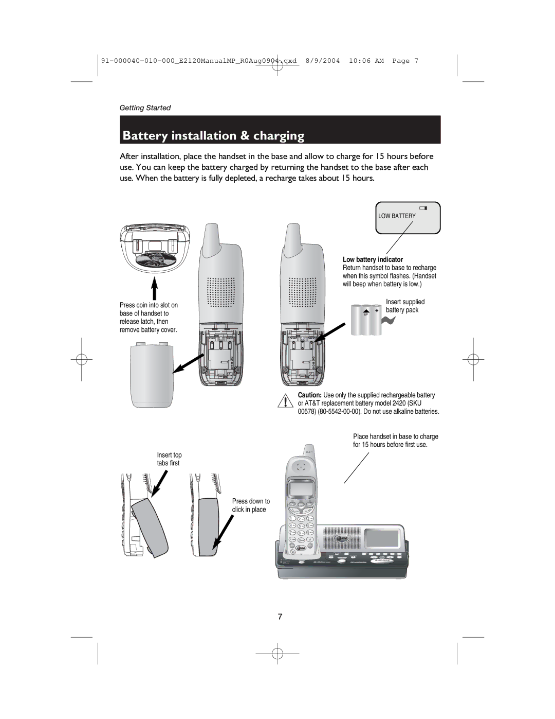 AT&T ATT-E2120 user manual Battery installation & charging, Low battery indicator 