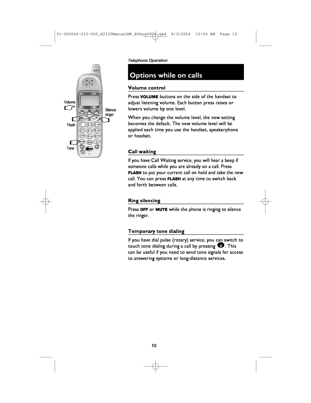 AT&T ATT-E2120 user manual Options while on calls, Volume control, Call waiting, Ring silencing, Temporary tone dialing 