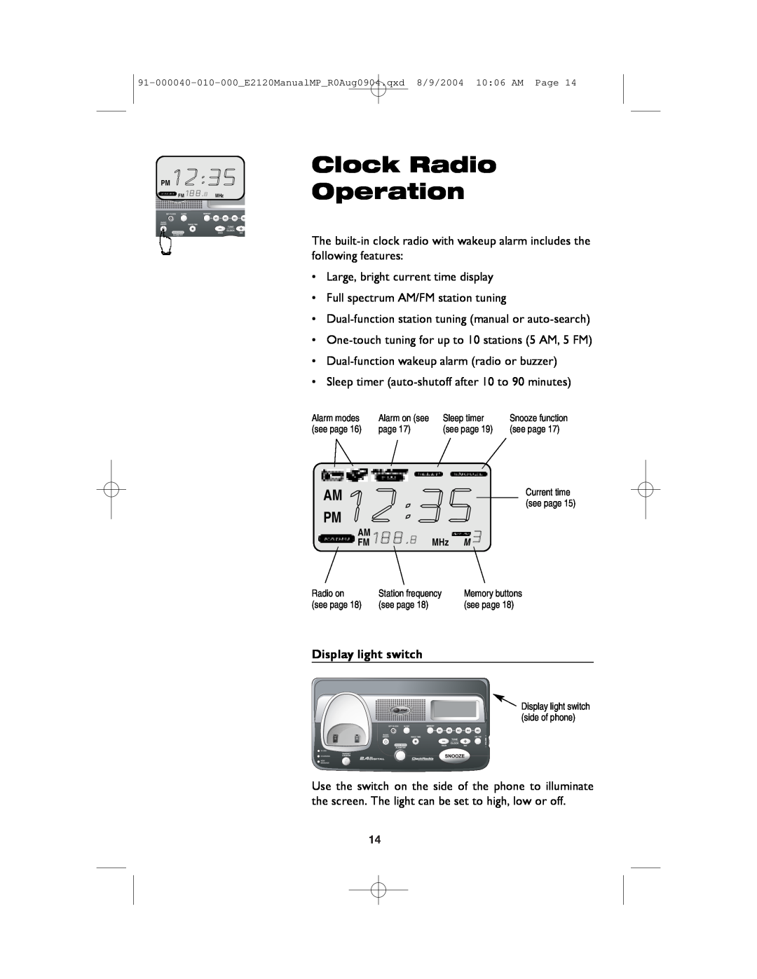 AT&T ATT-E2120 user manual Clock Radio Operation 