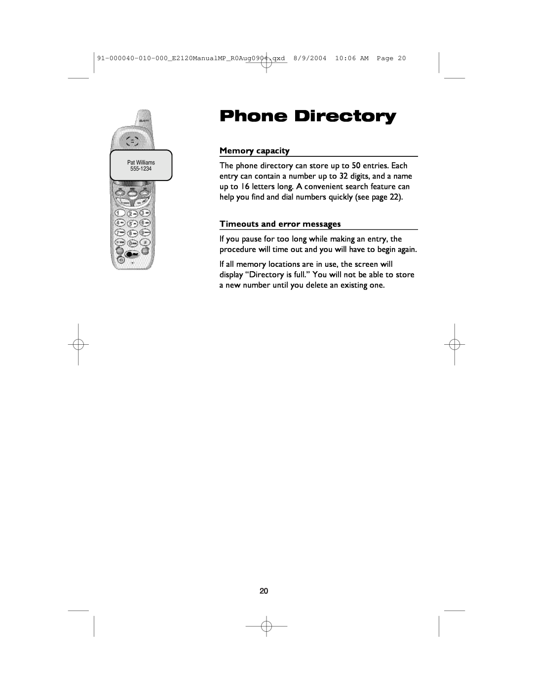 AT&T ATT-E2120 user manual Phone Directory, Memory capacity, Timeouts and error messages 