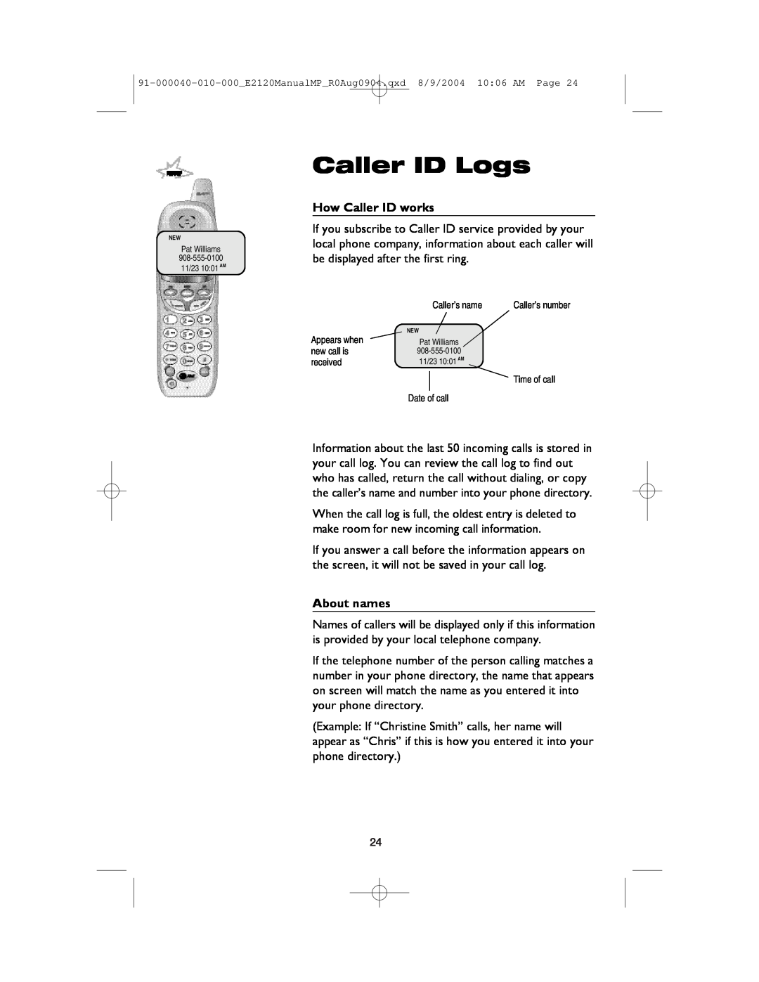 AT&T ATT-E2120 user manual Caller ID Logs, How Caller ID works, About names 