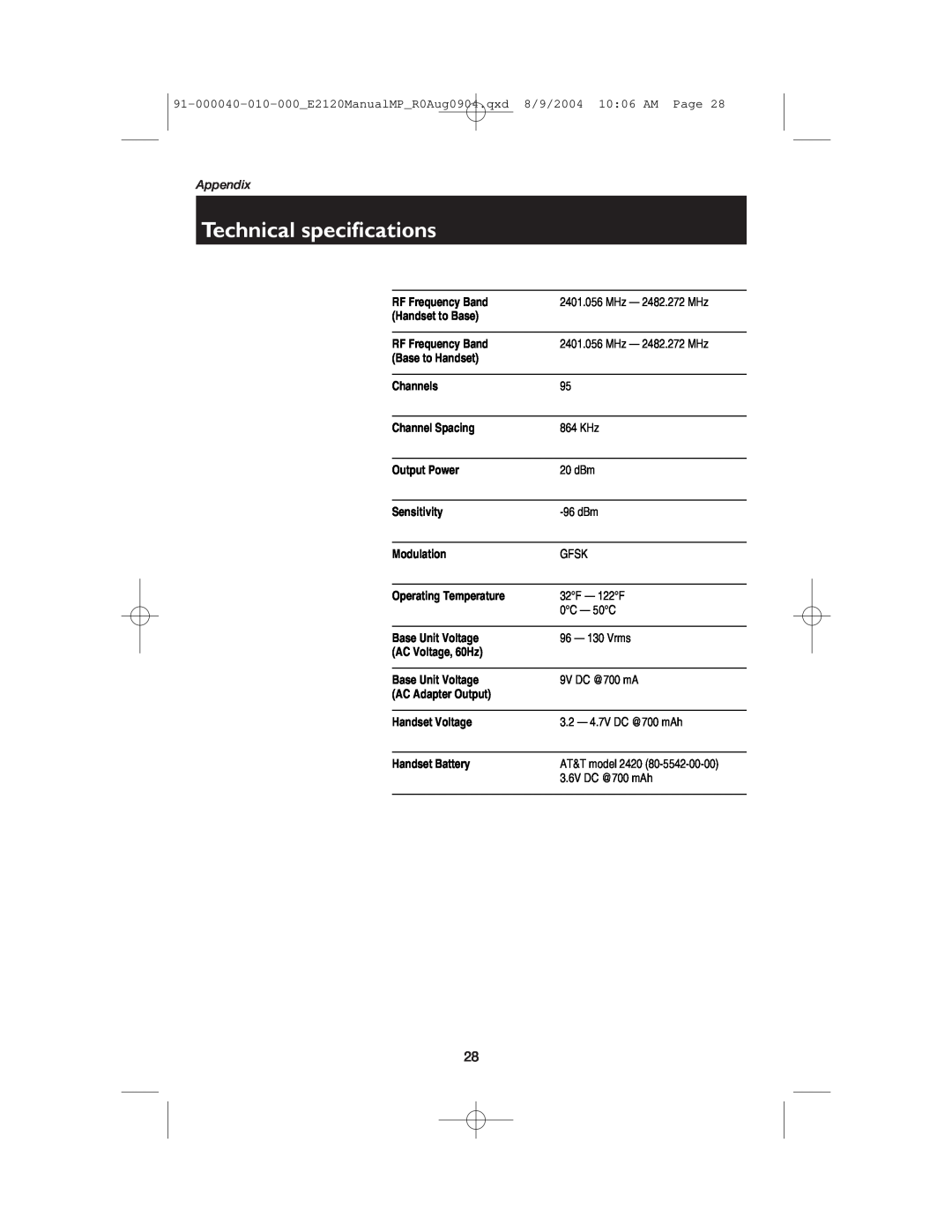 AT&T ATT-E2120 user manual Technical specifications, Appendix, Operating Temperature 