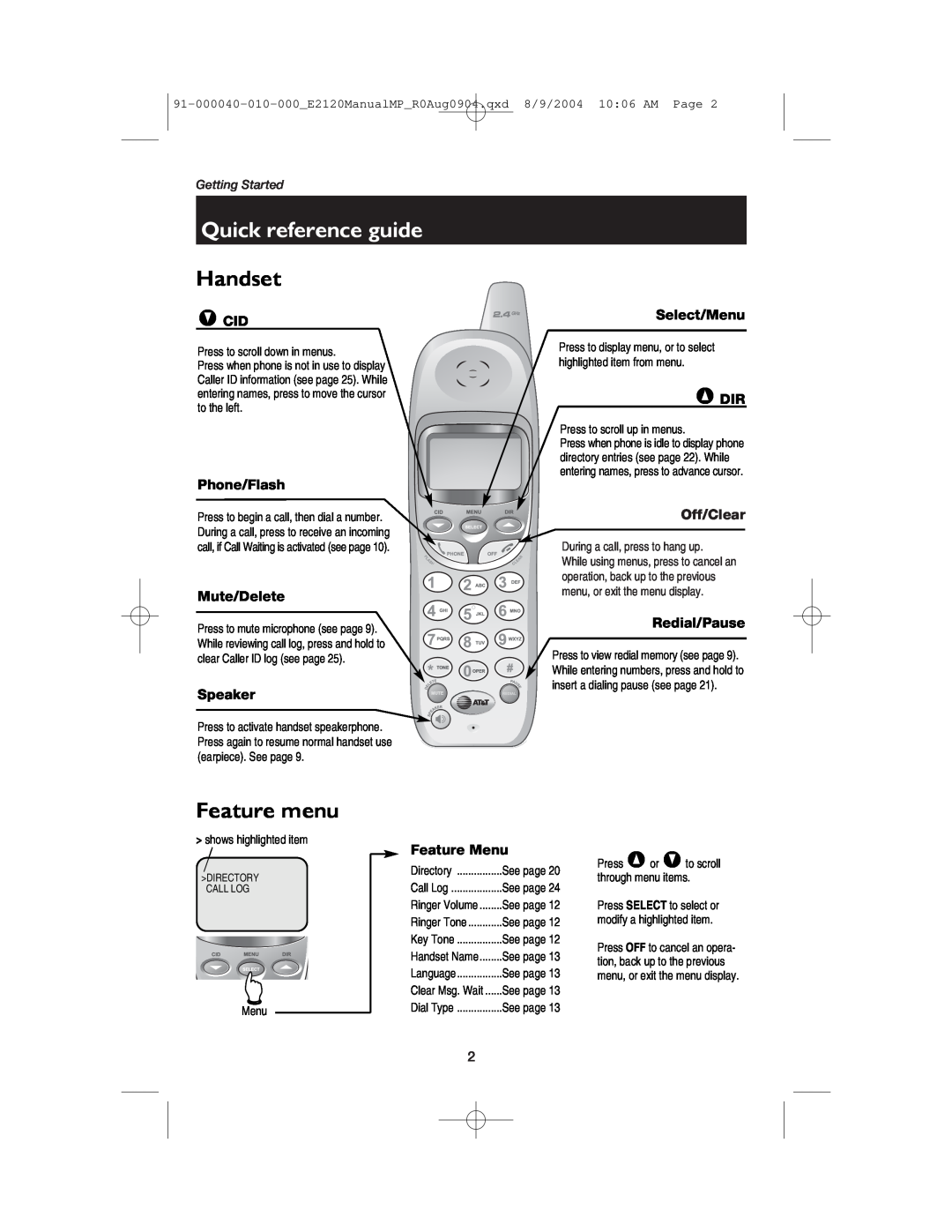 AT&T ATT-E2120 Quick reference guide, Handset, Feature menu, Vcid, Phone/Flash, Mute/Delete, Speaker, Select/Menu 