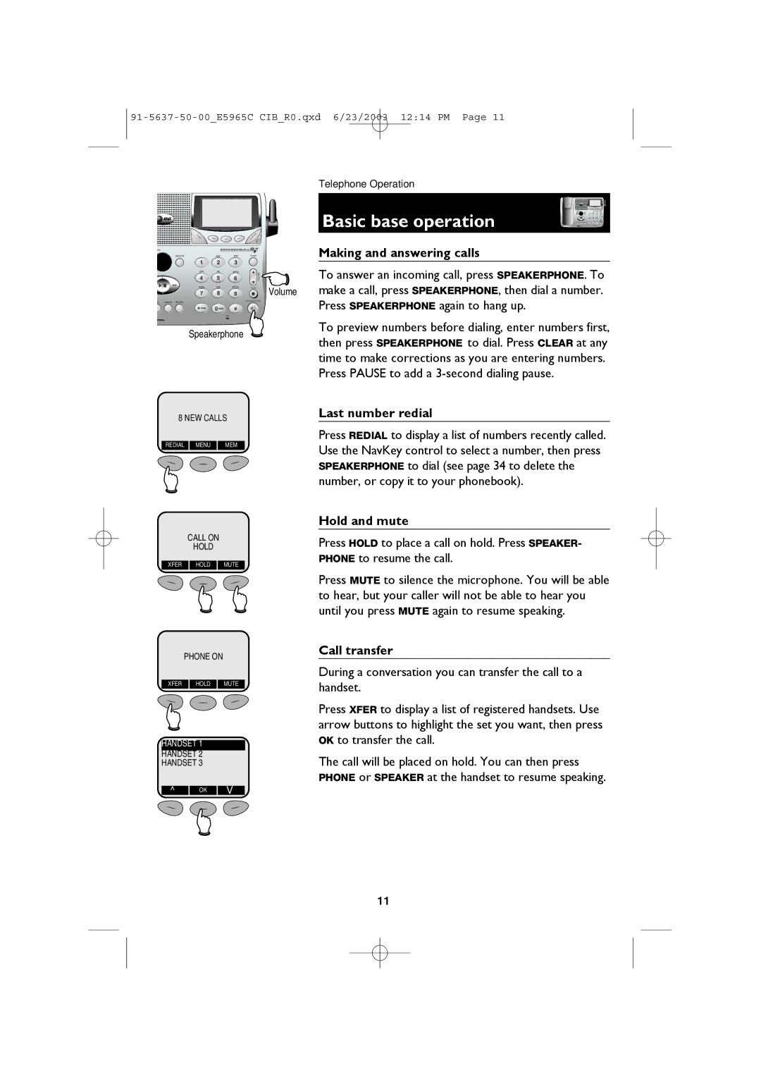 AT&T AT&T E5965C user manual Basic base operation, Speakerphone 