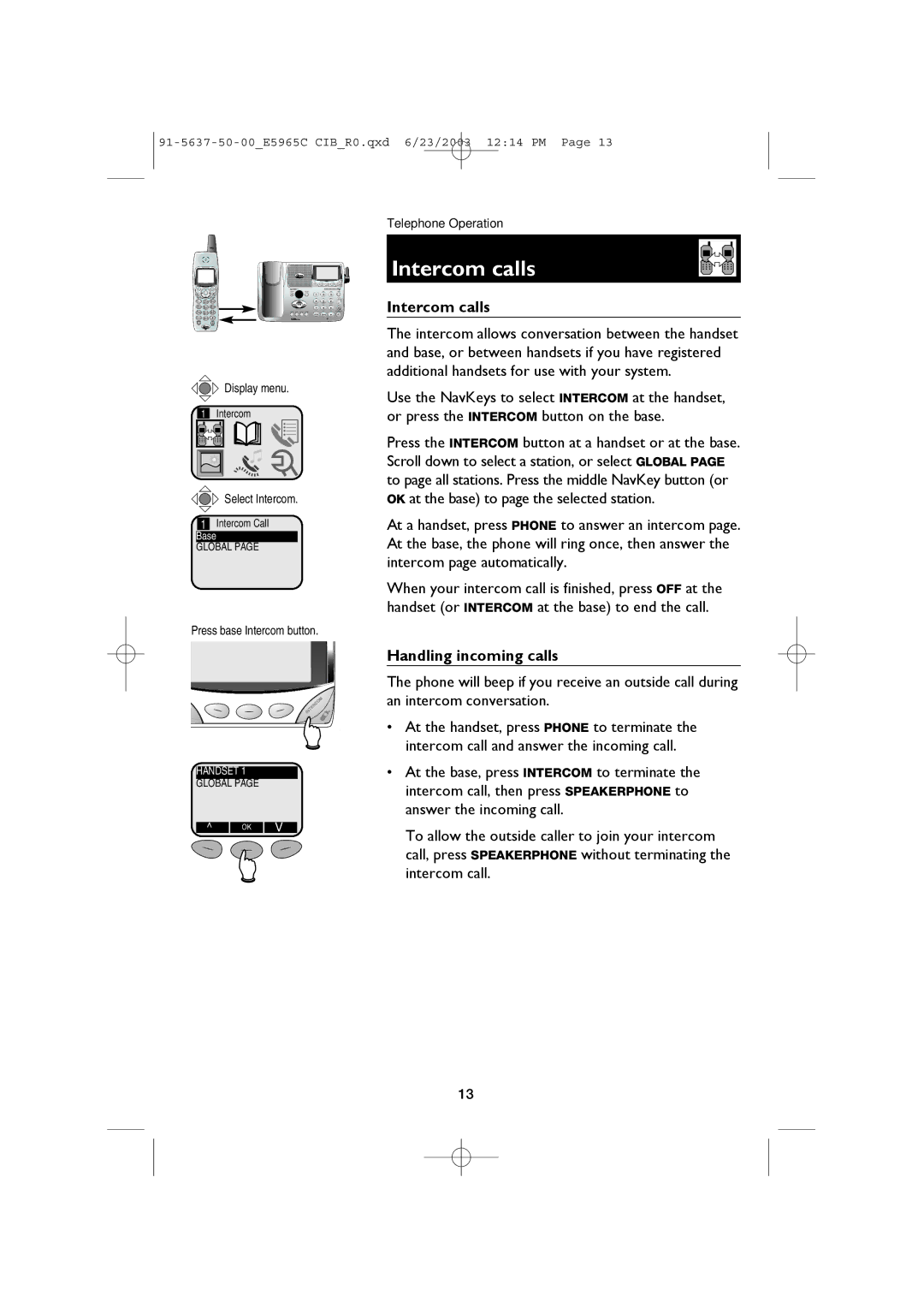 AT&T AT&T E5965C user manual Intercom calls, Handling incoming calls 