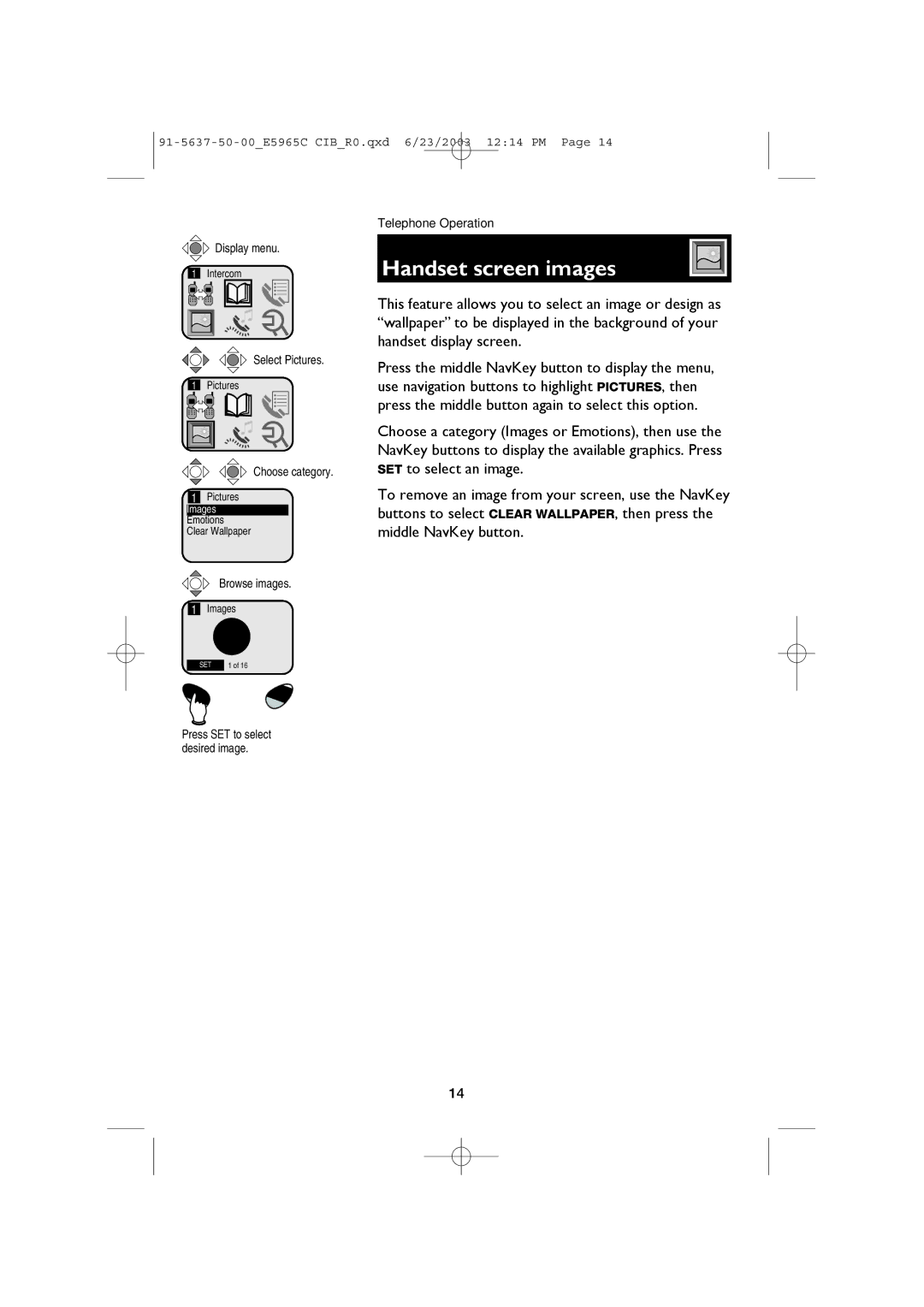 AT&T AT&T E5965C user manual Handset screen images, Select Pictures, Choose category, Browse images 