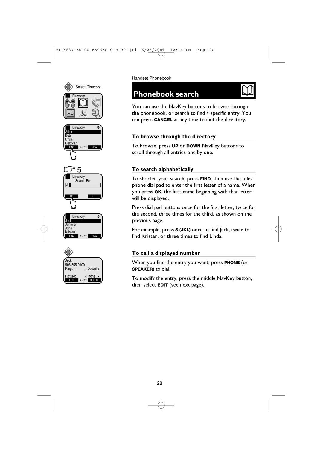AT&T AT&T E5965C Phonebook search, To browse through the directory, To search alphabetically, To call a displayed number 