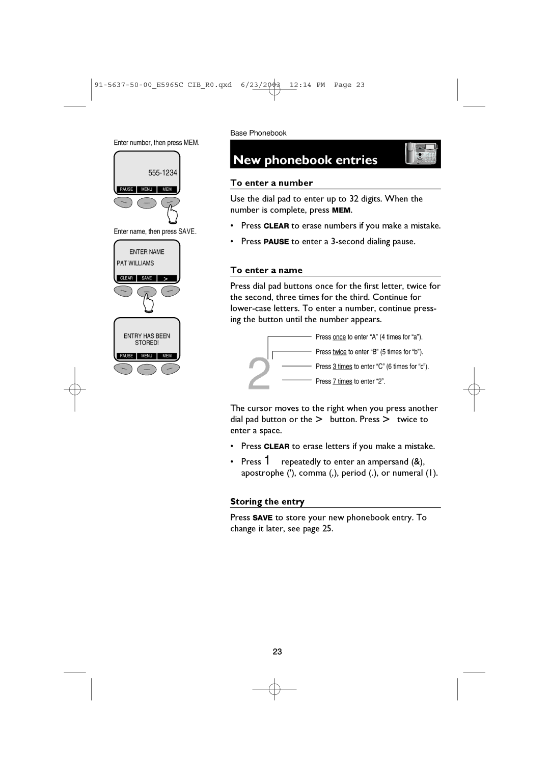 AT&T AT&T E5965C user manual Storing the entry, Enter number, then press MEM, Enter name, then press Save 