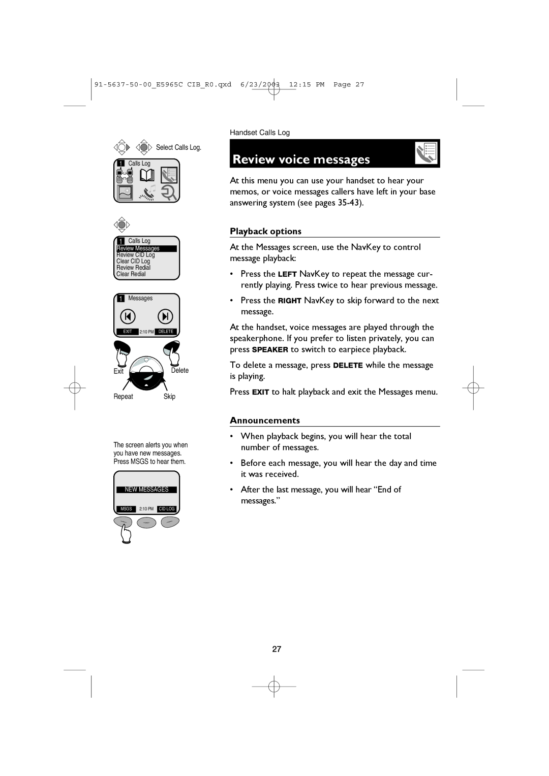 AT&T AT&T E5965C user manual Review voice messages, Playback options, Announcements, Exit Delete Repeat Skip 