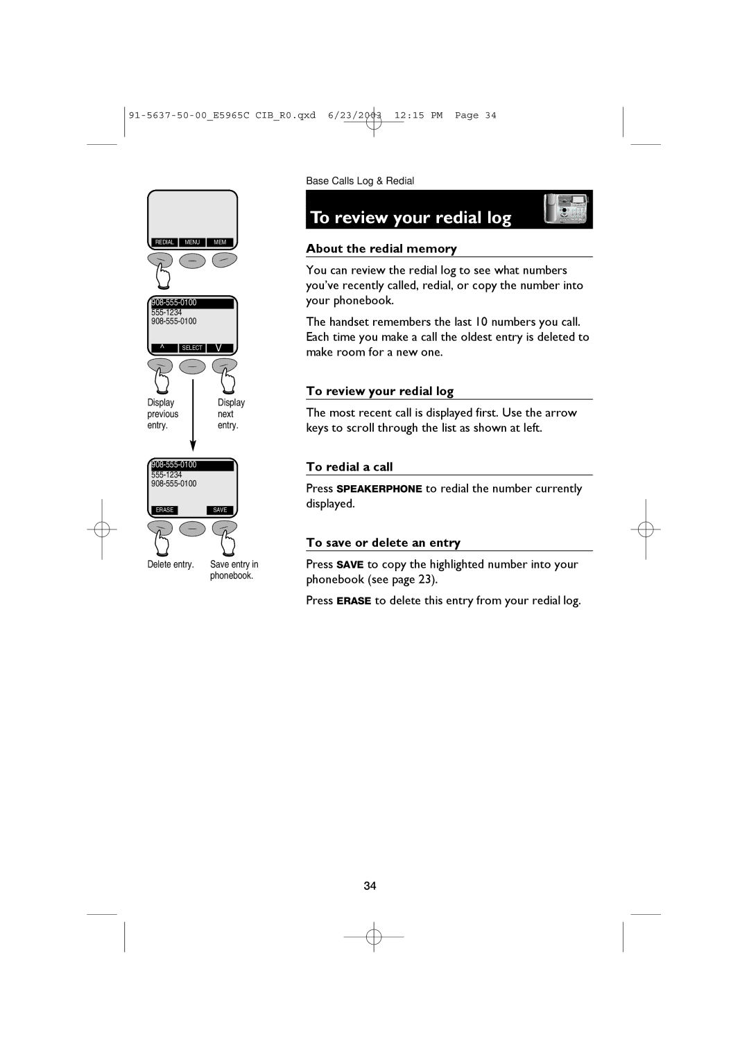 AT&T AT&T E5965C user manual To review your redial log, Previous Next Entry 