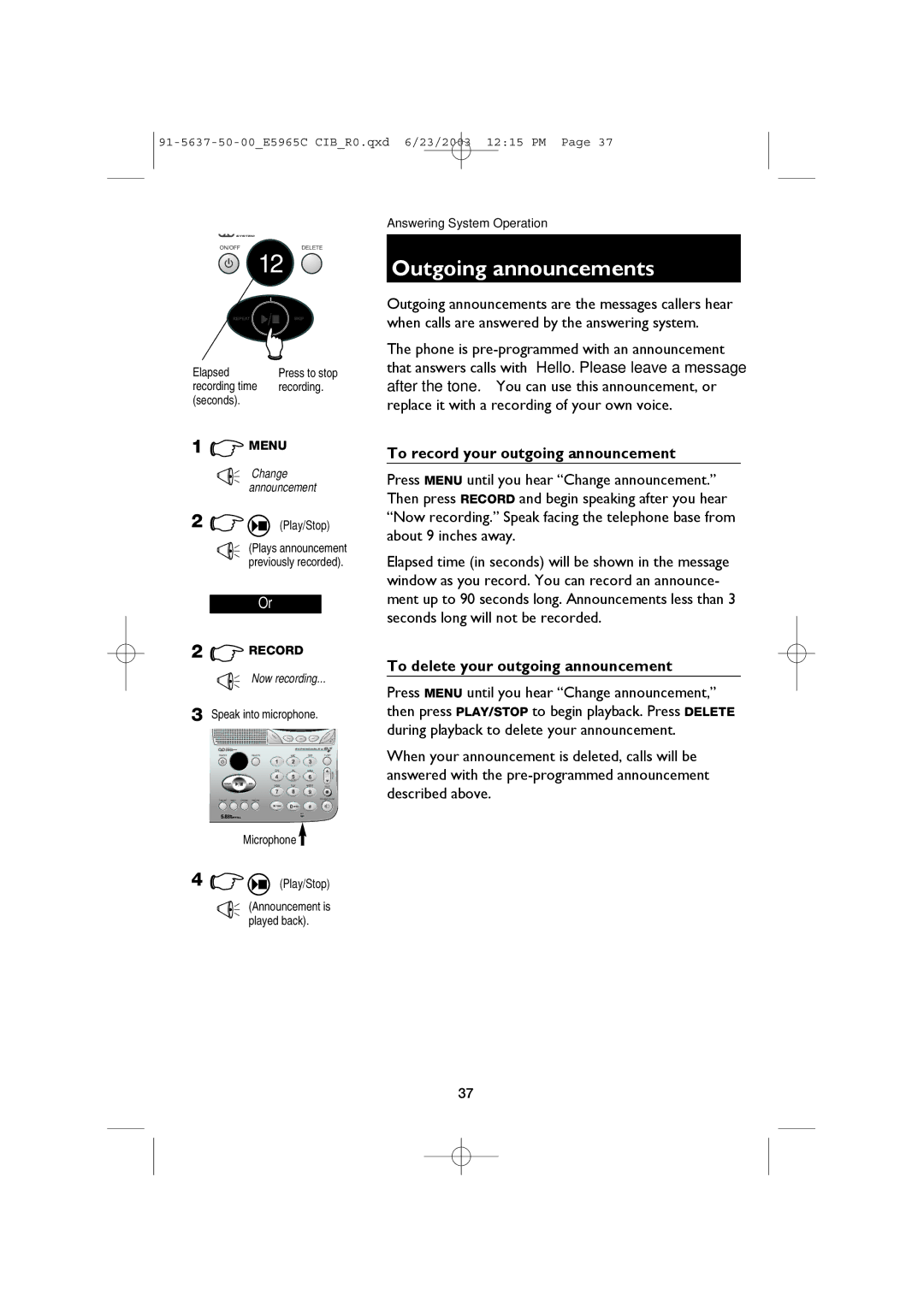 AT&T E5965C user manual Outgoing announcements, To record your outgoing announcement, To delete your outgoing announcement 