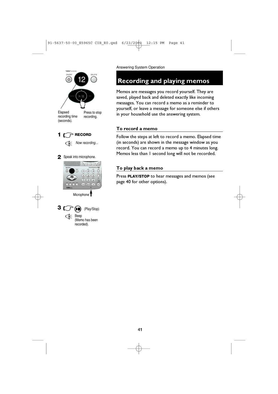 AT&T AT&T E5965C user manual Recording and playing memos, To record a memo, To play back a memo, Beep 