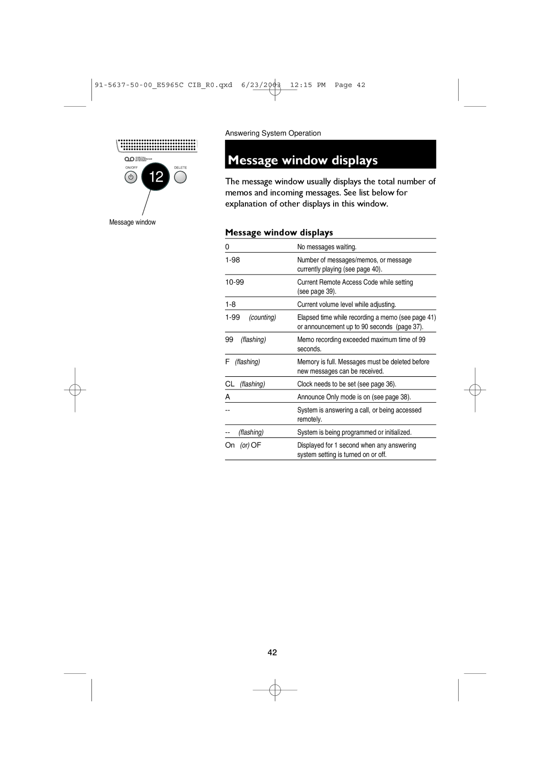 AT&T AT&T E5965C user manual Message window displays 