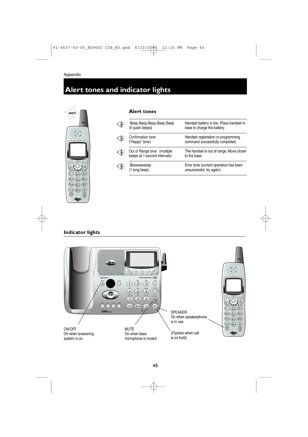 AT&T AT&T E5965C user manual Alert tones and indicator lights, Indicator lights 